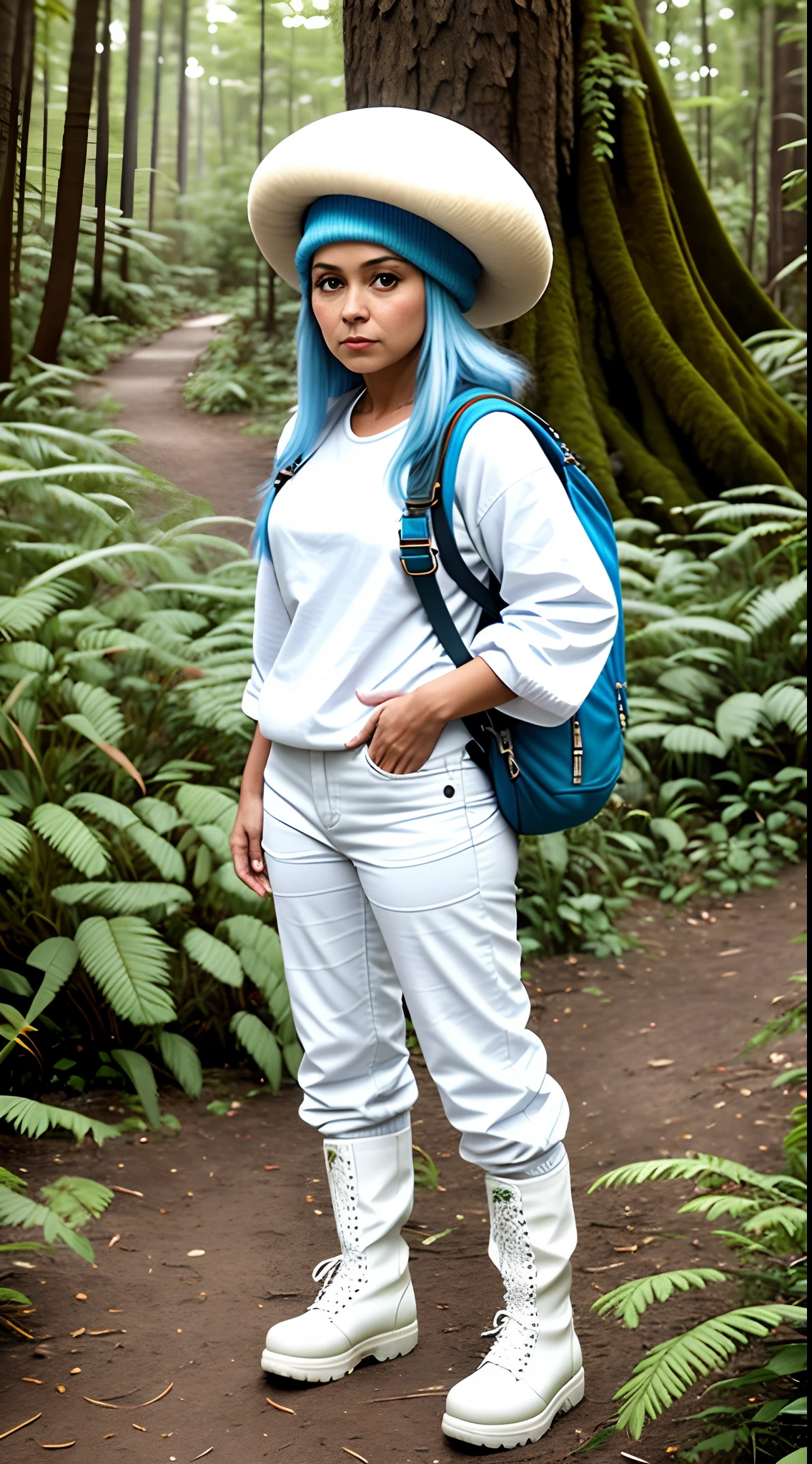 Mom Smurf, Pele branca, alto detalhamento, 8k, wearing white mushroom hat, wearing white boots and white pants, Mochila, floresta