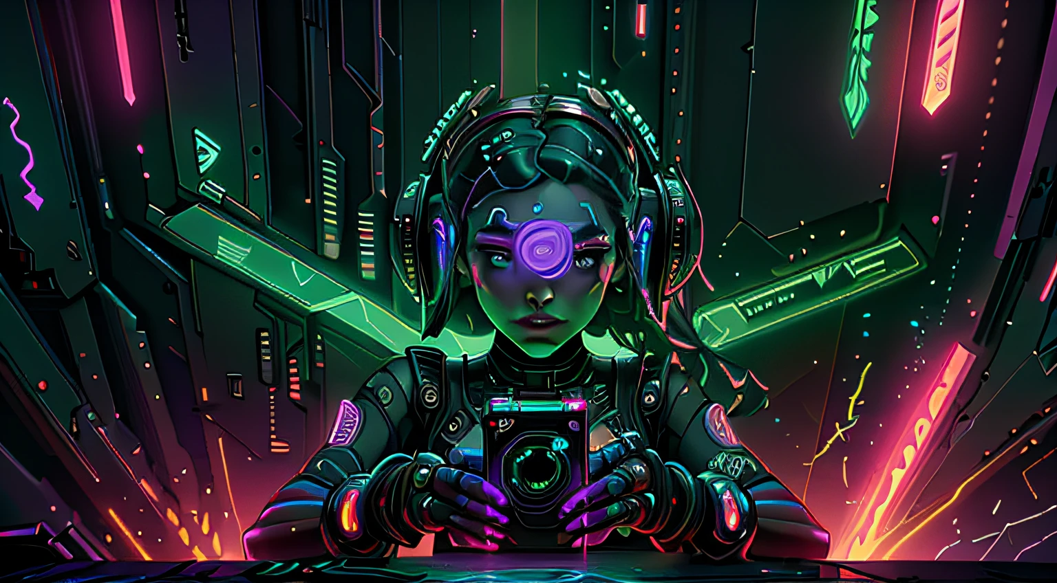 background PC futurista, luz noturna verde neon e lilas neon de grandes janelas , fotorrealista, 8k, Particles in the cyberpunk style scene, luzes neon, luz e cores de cinema,