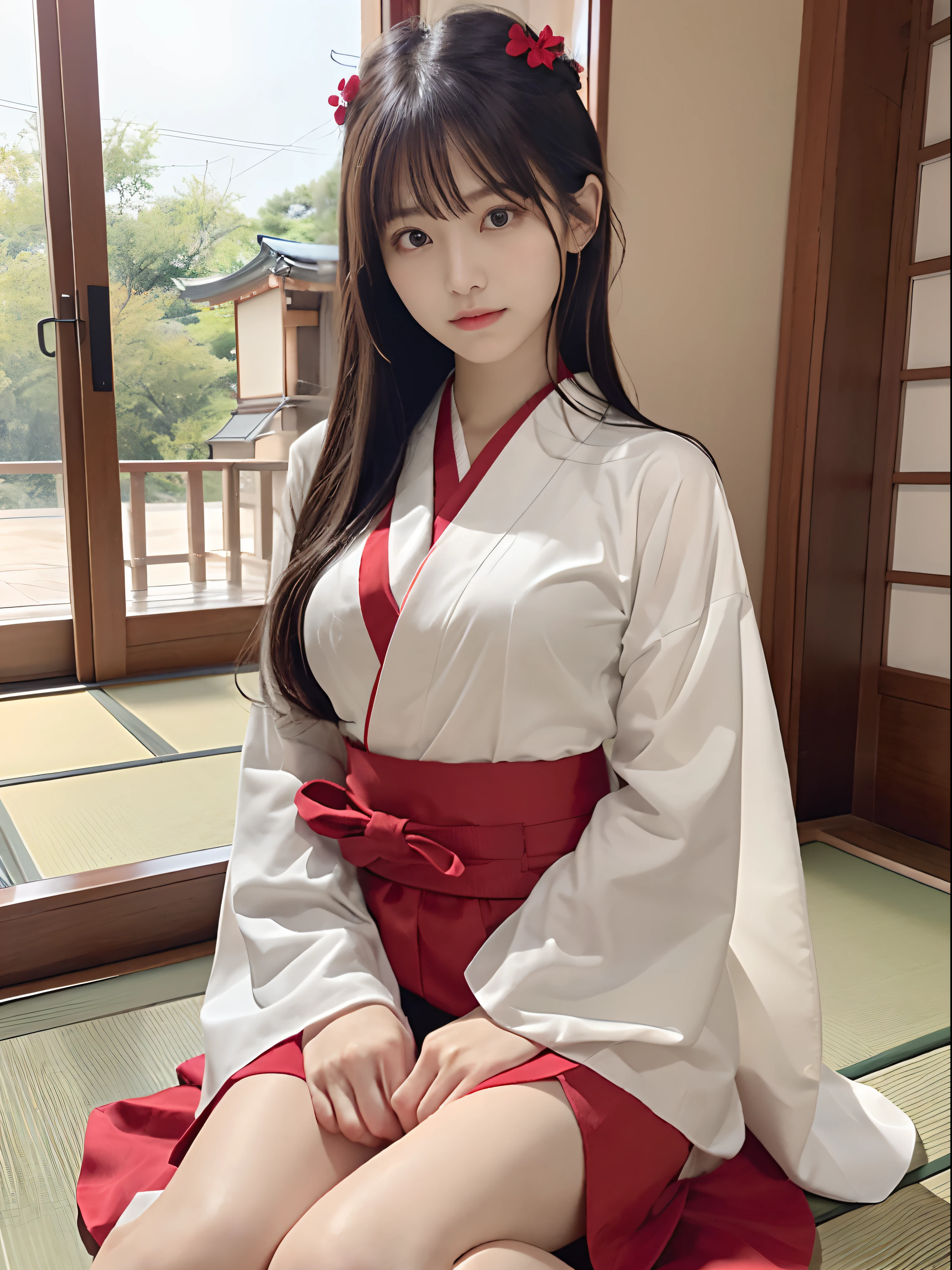 (NSFW)、(One slender very small-breasted girl is、Has long hair with dull bangs in the Japan priestess costume:1.5)、(Girl in white kimono and scarlet long skirt sits in Seiza style in Japanese style room:1.5)、(White kimono and scarlet long skirt:1.3)、(Perfect Anatomy:1.3)、(No mask:1.3)、(complete fingers:1.3)、Photorealsitic、Raw photography、masutepiece、top-quality、High resolution、delicate and pretty、face perfect、Beautiful detailed eyes、Fair skin、Real Human Skin、pores、((thin legs))、(Dark hair)