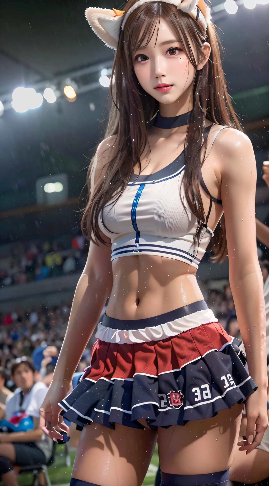 (8k, highest quality, high resolution), (photo realistic:1.2), (hyper realistic:1.2), (1girl:1.37), inside the stadium, cheerleader, The upper part of the body, (body wet with sweat, face wet with sweat), Beautiful face:1.2, (happy), very small face, medium breasts, ruffled miniskirt, knee-high boots, 18 years old, very detailed face:1.3, makeup, lipgloss, face focused, standing, looking forward, wearing a garter belt, fox ear headband, toned hips