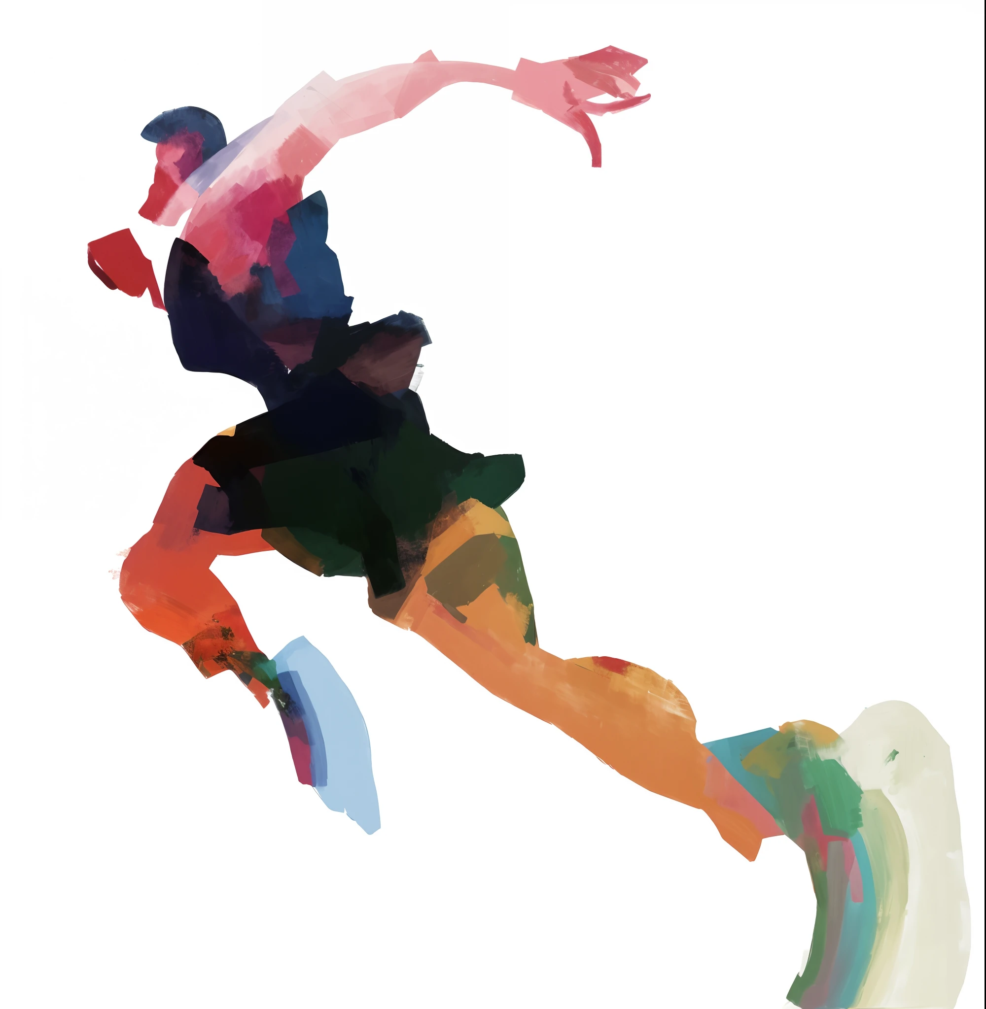 There was a man jumping in the air with a frisbee, Inspired by Aaron Douglas, leaping towards viewer, painting illustration, Inspired by James Brooks, inspired by Jan Rustem, painted with colour on white, Inspired by Christine Dalsgard, Leaping, Artistic illustration, inspired by LeRoy Neiman, made with photoshop, abstract figurative art