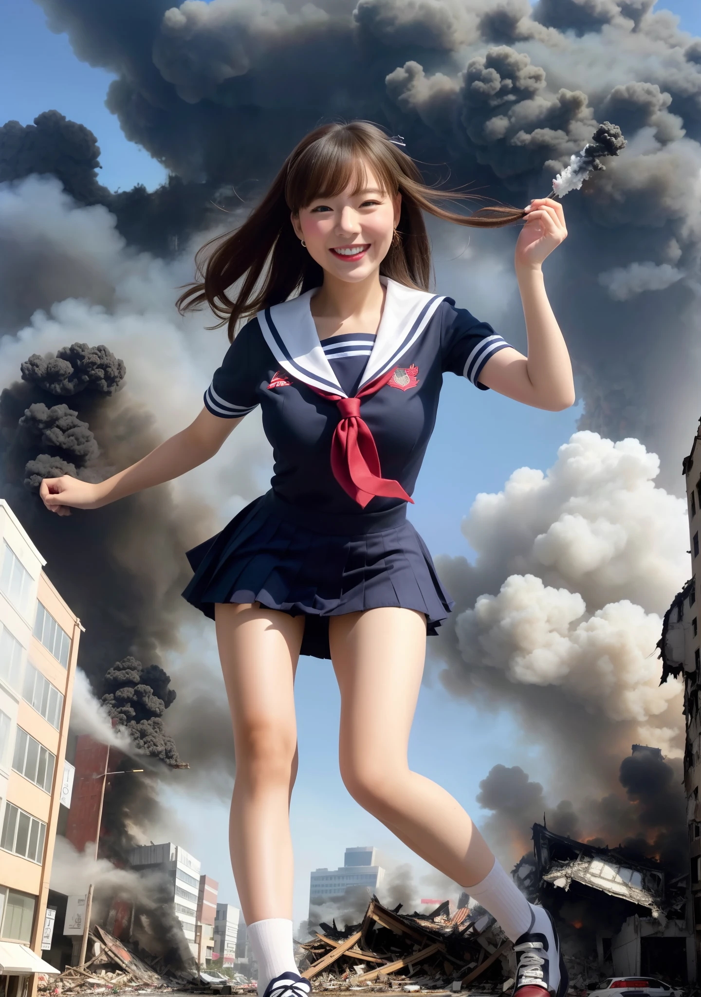 masterpiece, highly detailed, high resolution, 1girl, gtscity, tokyo, stomping on buildings, destroying buildings, collapsed buildings, destroyed city, buildings on fire, buildings exploding, smoke coming out of buildings, smiling, looking fun, small city, little people, photorealistic, cute Japan girl, medium breasts, uniform, sailor suit, dynamic angle, from the bottom