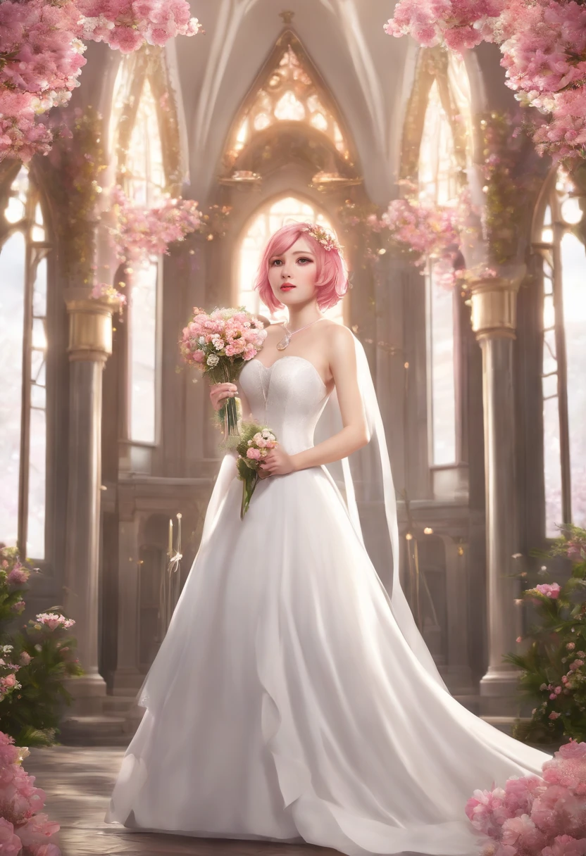 Sakura Haruno, ((Solo)), Alone, Bride, Wearing a white wedding dress, queen, cheerfulness, ((The forehead to display)), standing, Enter the church, Pink hair, Short hair, Delicate, Young, Short hair, Detailed face, High definition, ((full bodyesbian)), (Flowers around her), full bodyesbian, She is a beautiful woman to marry, face with high quality, Beautiful, Radiant