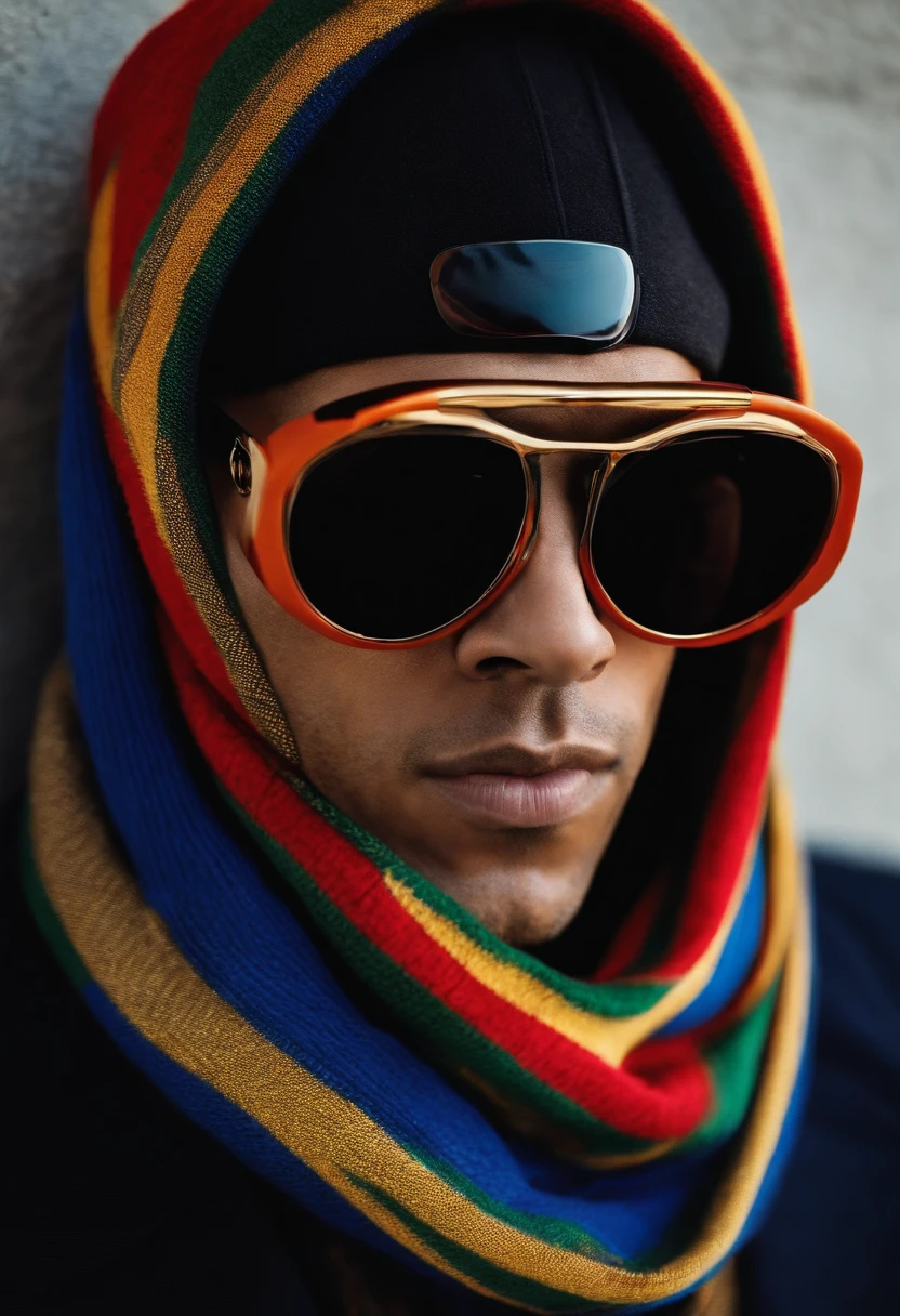 A man wearing street wear with a Gucci scarf covering his face, vestindo oculos escuro, estilo futurista de roupas