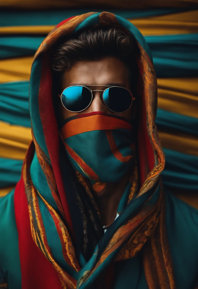 A man wearing street wear with a Gucci scarf covering his face, vestindo oculos escuro, estilo futurista de roupas