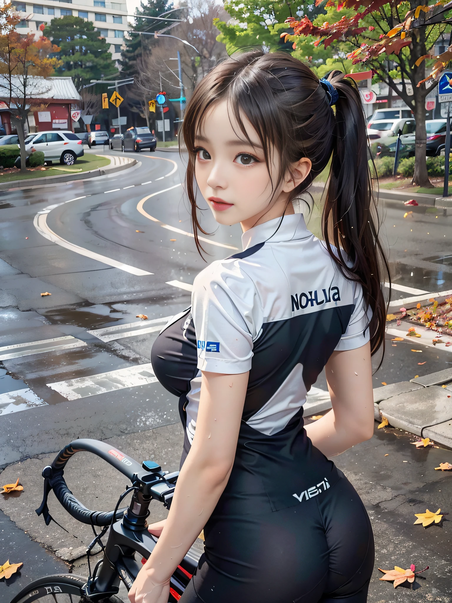 (realisitic), (intriciate detail: 1.2), (masutepiece: 1.3), (Best Quality: 1.4), (超High Resolution A: 1.2), 超High Resolution A, (Detailed Eyes), (Detailed face), with dramatic lighting, foco nítido, 1Beautiful Girl,Beautiful Japanese idols,(Sexy Road Bike Racing Uniform),Uniform with an open chest,age girl riding the perfect bike,In addition々Sissy face, beautifull face, Sorrisos,large full breasts,skiny,big size ass,Translucent sexy shirt,shiny skins,perfect hand,nice legs,Wet skin sweat,(Road bike ride:1.2),Ginkgo tree with foliage,Blue sky in autumn,(Leaves fall off..........),dynamicposes,Watch your audience,(The upper part of the body:1.2), Look from behind, Biking, hip close-up, Lean your back forward