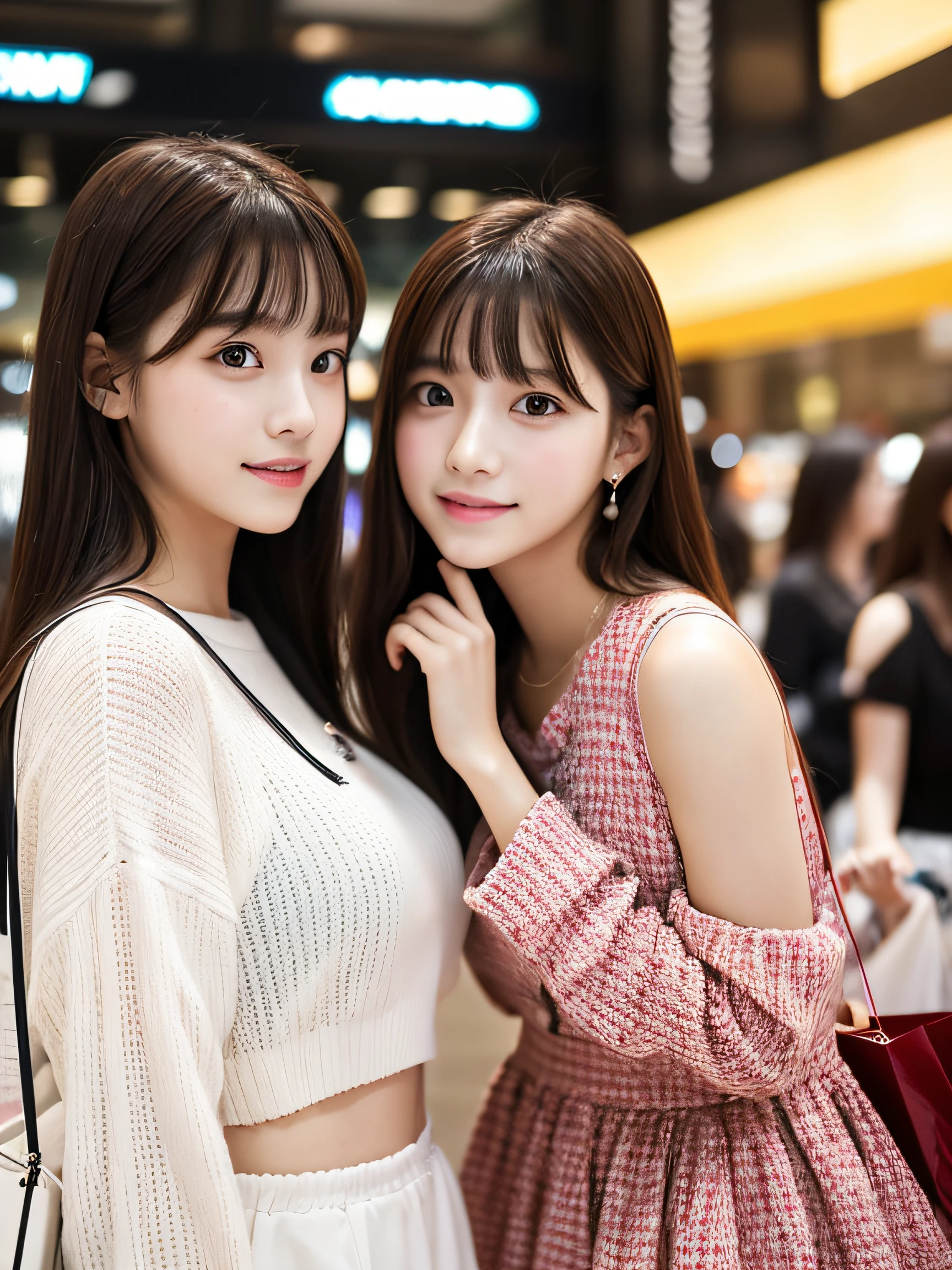 a beauty girl、Identical twin sisters、sixteen years old、bangss、Meet in a huge shopping mall、Shallow depth of field