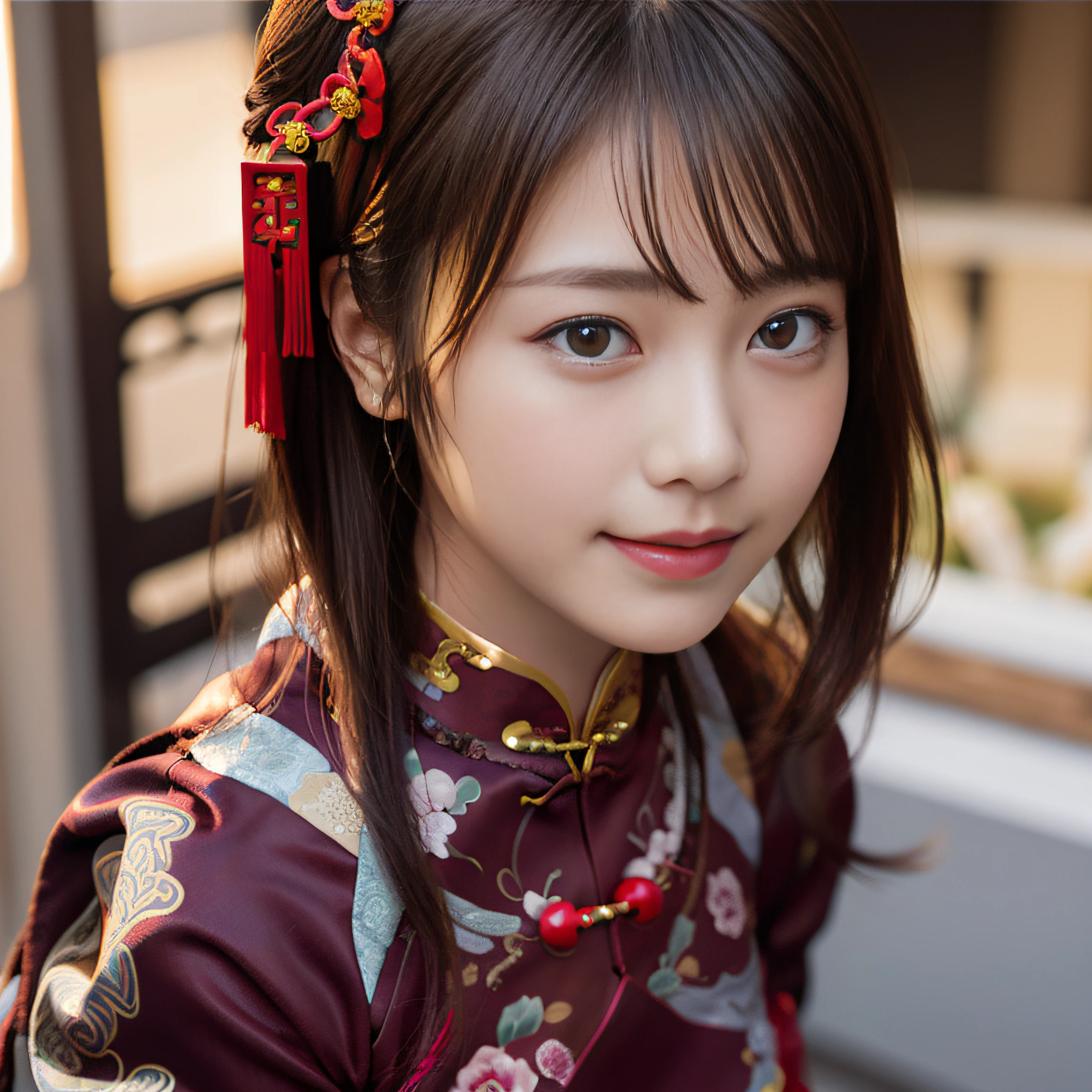 in 8K,Best Quality:1.4, 超A high resolution:1.5, (Photorealistic:1.4),masterpiece:1.2,(top-quality:1.4)、 Raw photo、 1a japanese girl、 Cute、middlebreasts:1.5、 (Solo:1.8)、Chinese Restaurant、 (Shy smile:1.3), Smooth skin、30-years old:1.5、Beautiful black eyes、natural skin textures:1.3, realistic eyes and face details:1.8、 (Brown medium hair,Bangs), (touch hair:1.4)、nogizaka、 (cheongsam clothing:1.5)、Supple fingertips、Beautiful black eyes、natural skin textures:1.3, realistic eyes and face details:1.7、gazing at viewer、FULL BODYSHOT:1.8、beauty legs、gravure、attractive girl、thighs thighs thighs thighs、is standing、At work