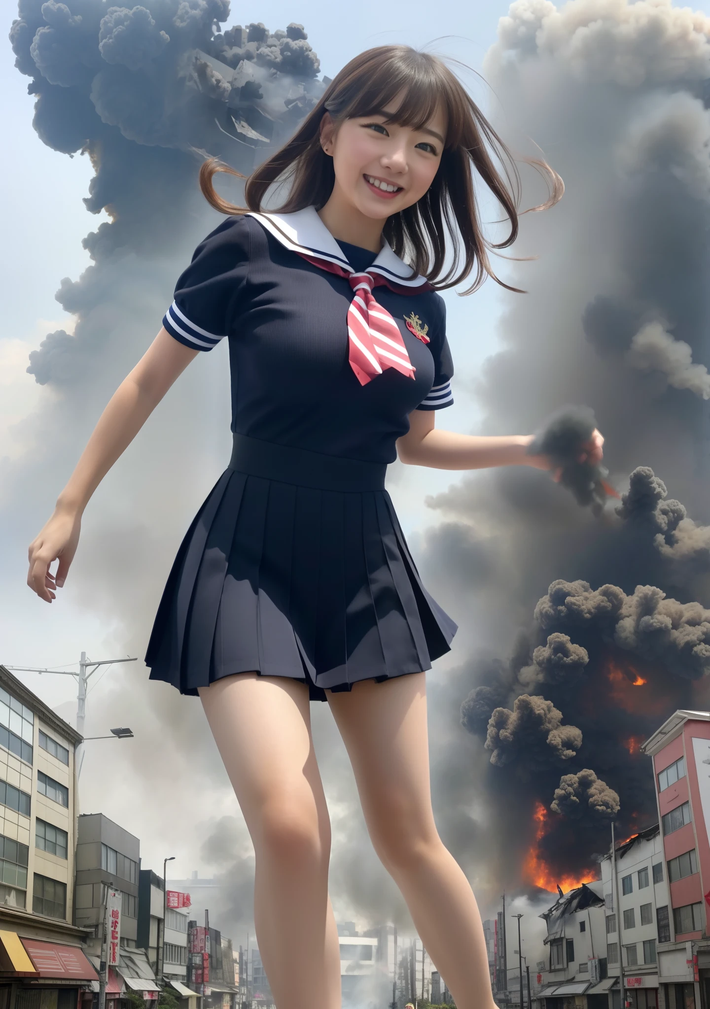 masterpiece, highly detailed, high resolution, 1girl, gtscity, tokyo, stomping on buildings, destroying buildings, collapsed buildings, destroyed city, buildings on fire, buildings exploding, smoke coming out of buildings, smiling, looking fun, small city, little people, photorealistic, cute Japan girl, medium breasts, uniform, sailor suit, dynamic angle, from the bottom