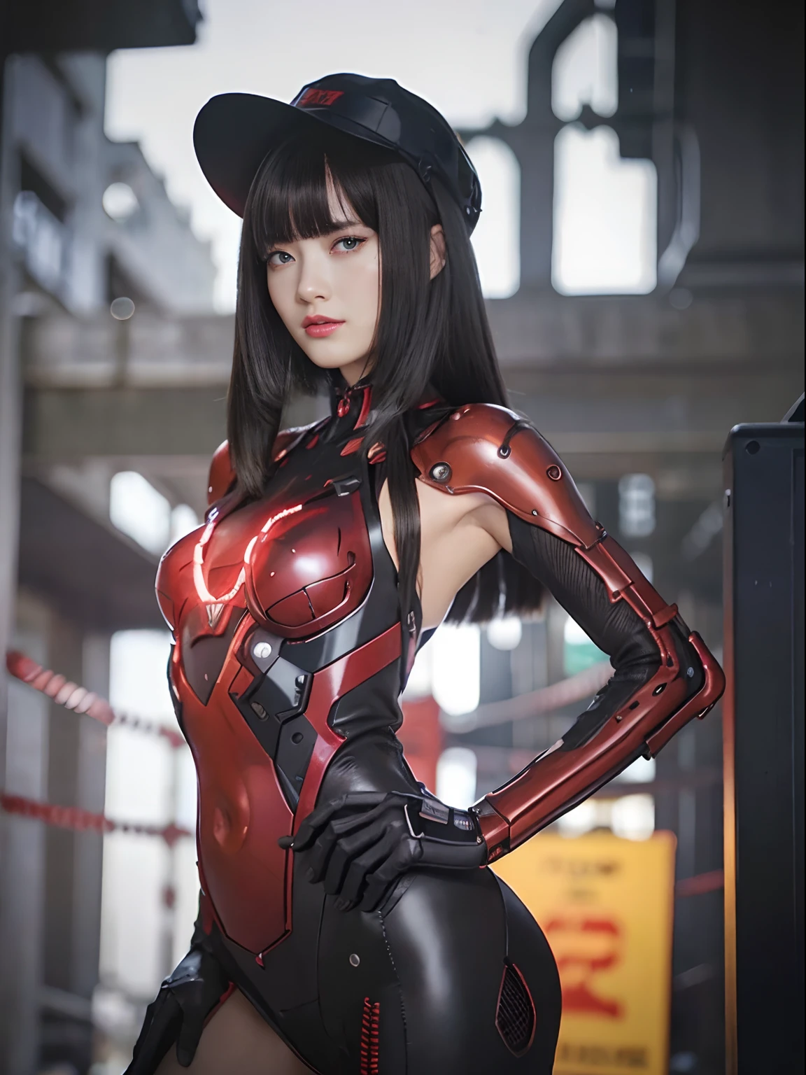 (Part of the skin is a computer)、top-quality、masterpiece、超A high resolution、(With a futuristic machine gun、holding knive),(Wearing a futuristic hat)、(Photorealsitic:1.4)、Raw photo、女の子1人、Black hair、glowy skin、((1 Mechanical Girl))、((super realistic details))、portlate、(Mystical expression)、(Has a huge rocket launcher)、explosions、Particles of light、(Small LED lamp)、Wire tubes that glow all over the body、(With state-of-the-art weapons),globalillumination、Shadow、octan render、8K、Armpit、ultrasharp、Colossal tits、Small LED lamp、Raw skin is exposed in cleavage、metals、blood vessels connected to tubes、With weapons、Red bodysuit、Armpit、Cyberpunk city background、Details of complex ornaments、Japan details、highly intricate detail、Realistic light、CGSoation Trends、Blue eyes、radiant eyes、Facing the camera、neon details、(Tattoo numbers on the face)、Mechanical limbs、blood vessels connected to tubes、Mechanical vertebrae attached to the back、mechanical cervical attaching to neck、Wires and cables connecting to the head、Gundam、Small LED lamp、Toostock、Toostock、Futuristic machine gun、Knives、(Red Metallic Bodysuit),