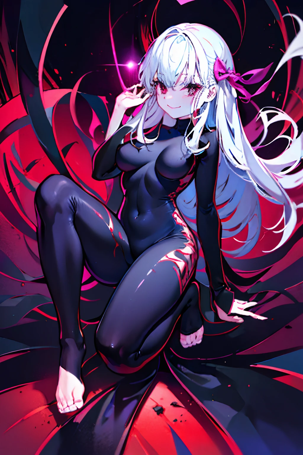 Black full body suit　5  girl　seductiv　a smile　succubus　Playing with feet