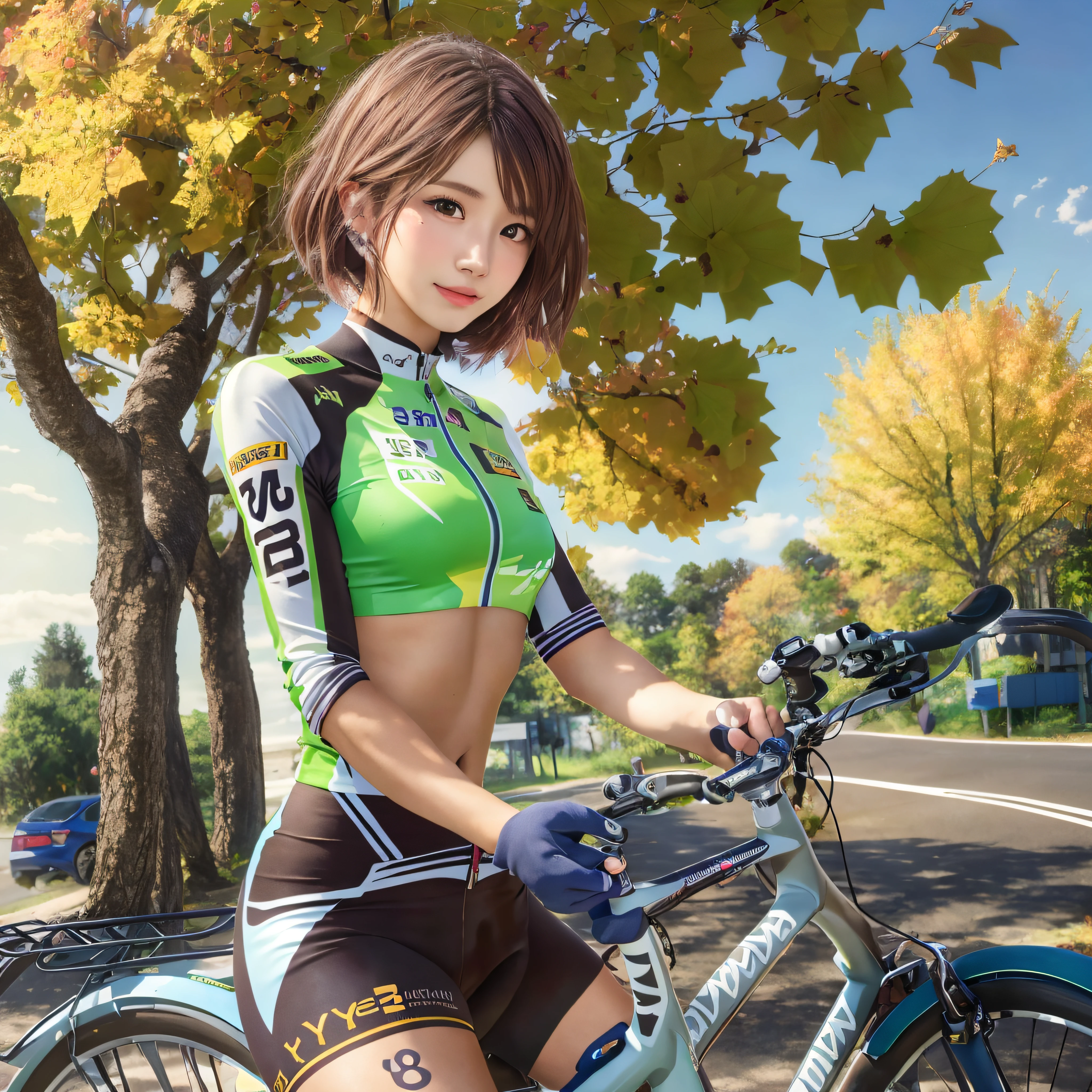 (8k, highest quality, high resolution), (photo realistic:1.2), (hyper realistic:1.2), (1Girl:1.3), happy:1.2, (Detailed Eyes), (hyper Detailed face:1.2), (Road Bike Racing Uniform), Uniform with an open chest, 18 years old, Detailed road bike:1.2, beautiful face, Medium breasts, skinny, Translucent sexy shirt, shiny skins, perfect hands, perfect legs, Ginkgo tree with foliage, Blue sky in autumn, Watch your audience, (medium hair, dark brown hair)