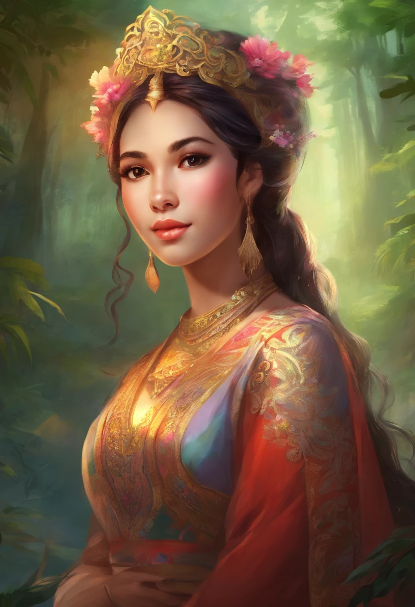 1girl wearing traditional dress from indonesia,background at forest,dsrl, 8k , potrait