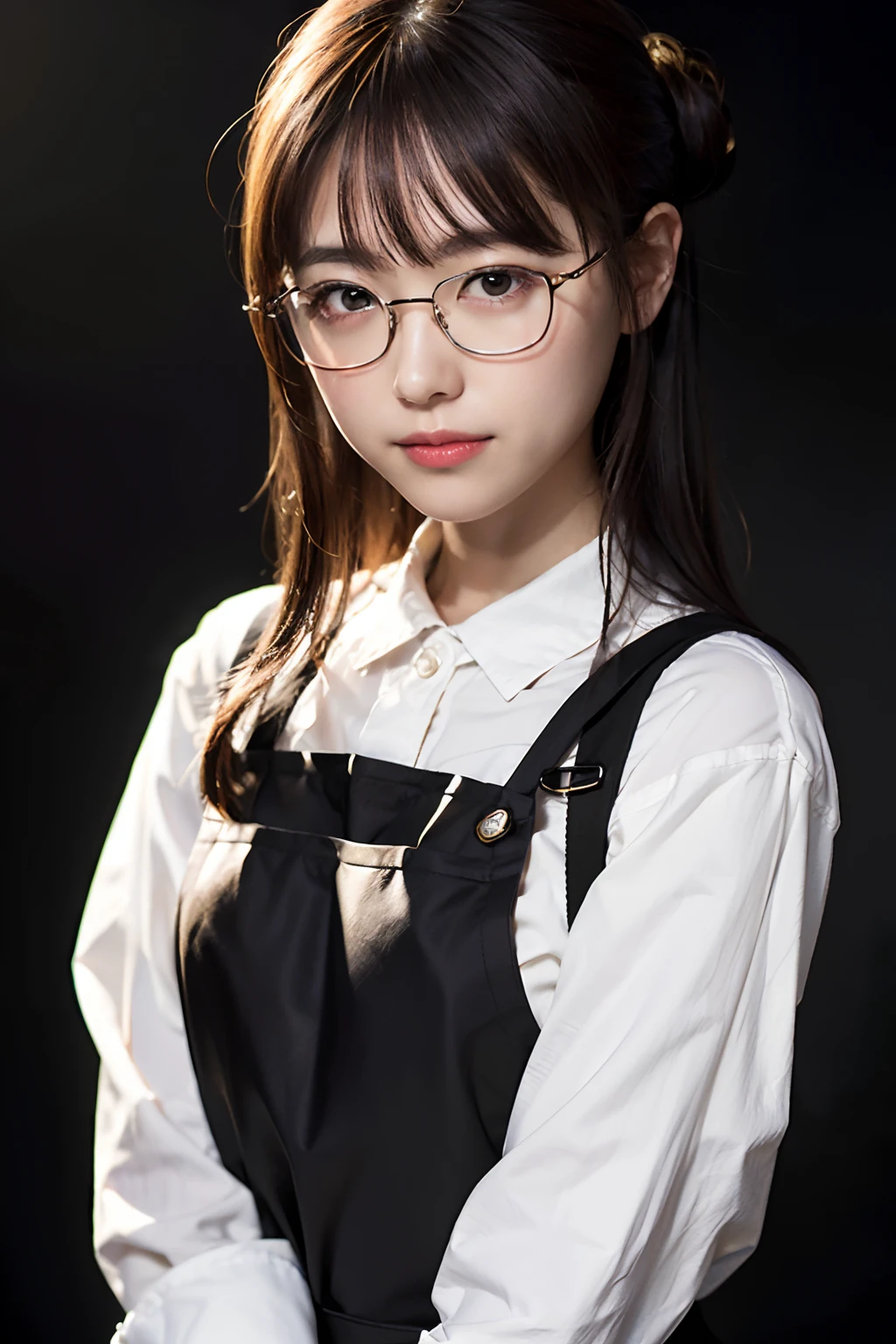 (8K、Raw photography、top-quality、masterpiece:1.2)、(realisitic、Photorealsitic:1.37)、ultra-detailliert、超A high resolution、女の子 1 人、29yo、see the beholder、beautifull detailed face、Smile、Constriction、(Slim waist) :1.3)、Beautiful detailed skin、Skin Texture、Floating hair、Hair bunched into one、(Apron:1.4)、Professional Lighting、Autumn afternoon、kitchin、(((Black square glasses )))、Whole human body、Black hair、((Shameful appearance))、