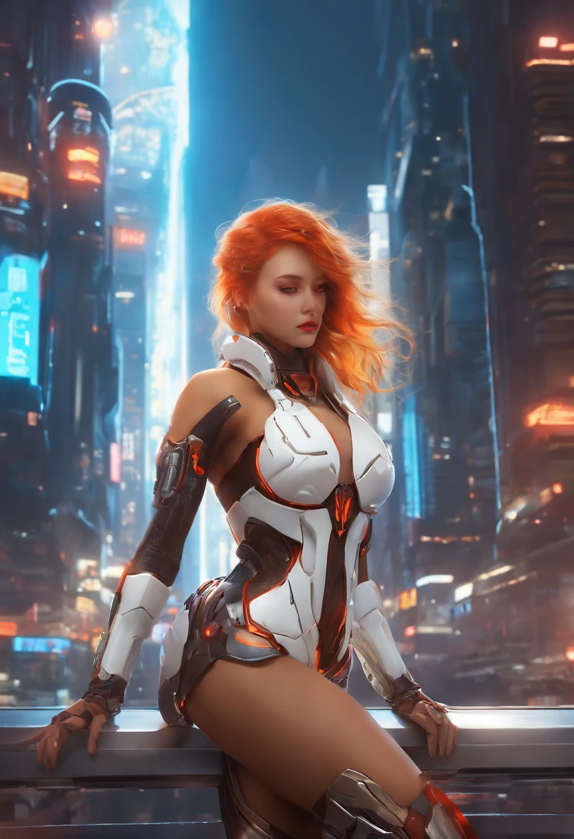 (sfv), Intricate details, 1girll, Night, (Bright neon colors), ((Fly over futuristic cyberpunk city)), Detailed background, (Little cyborg girl, ((Cute perfect face, Bright red eyes)), (Perfect anatomy, Petite and lively breasts), (Outrageously long gradient orange and white hair, hair blowing in wind)), Detailed ribbing is impossible for a bodysuit, Shoulder armor, cybernetic limb, Dynamic Angle,