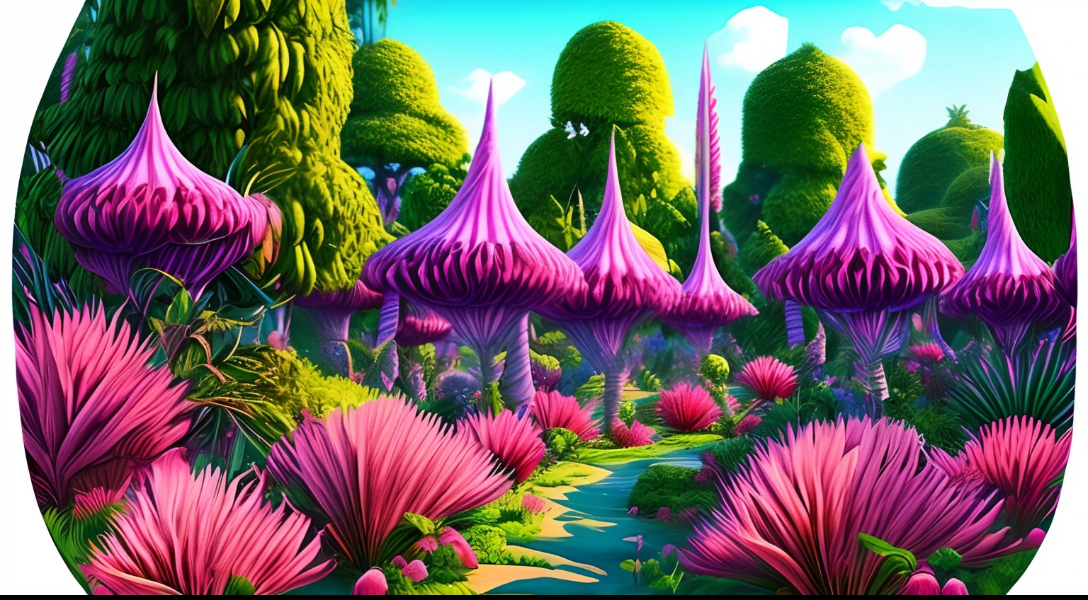 Fantasy Jungle, Wide Shot, Many elves, All pink plants