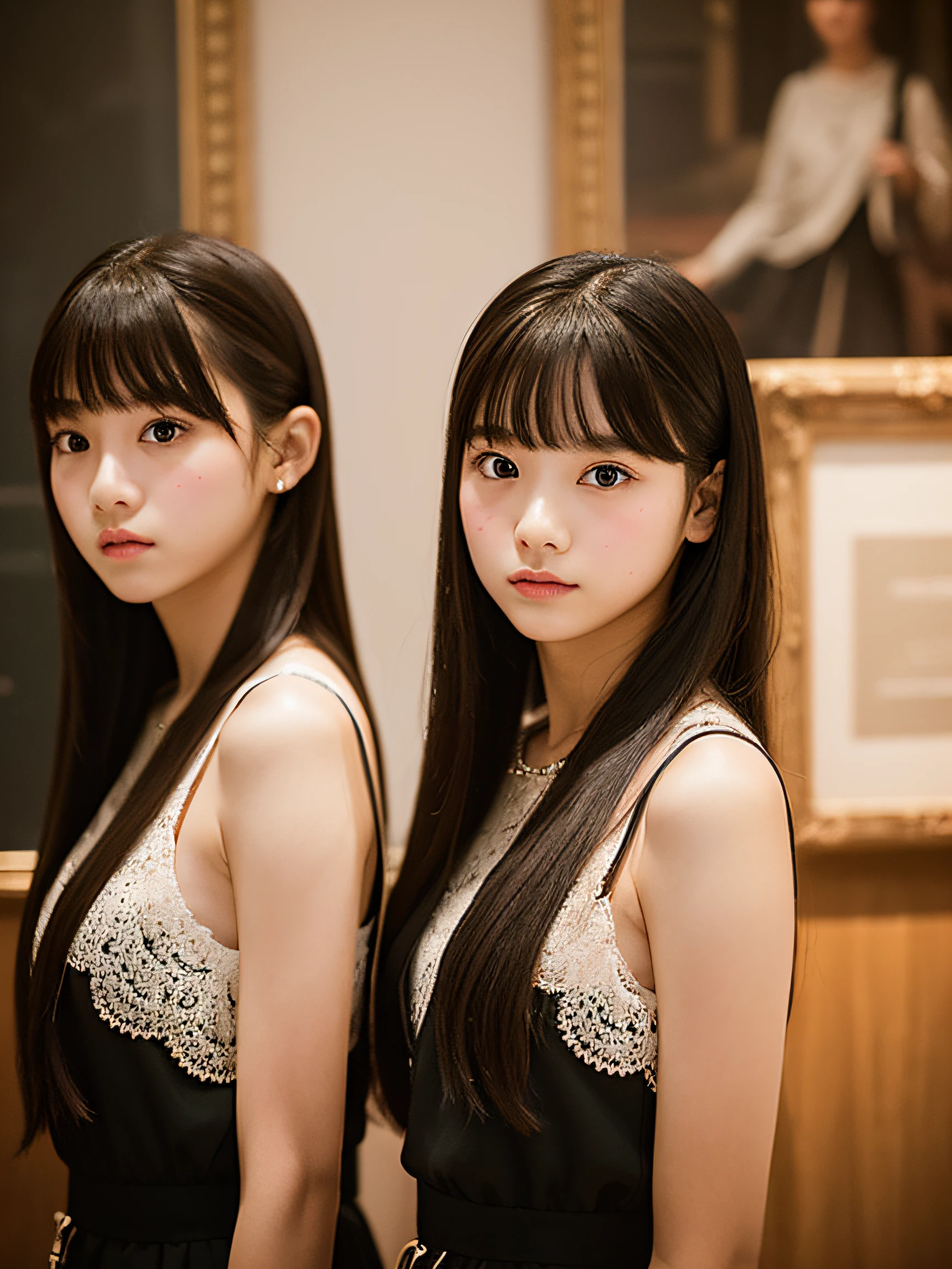 a beauty girl、Identical twin sisters、、bangss、Being in the museum、Shallow depth of field