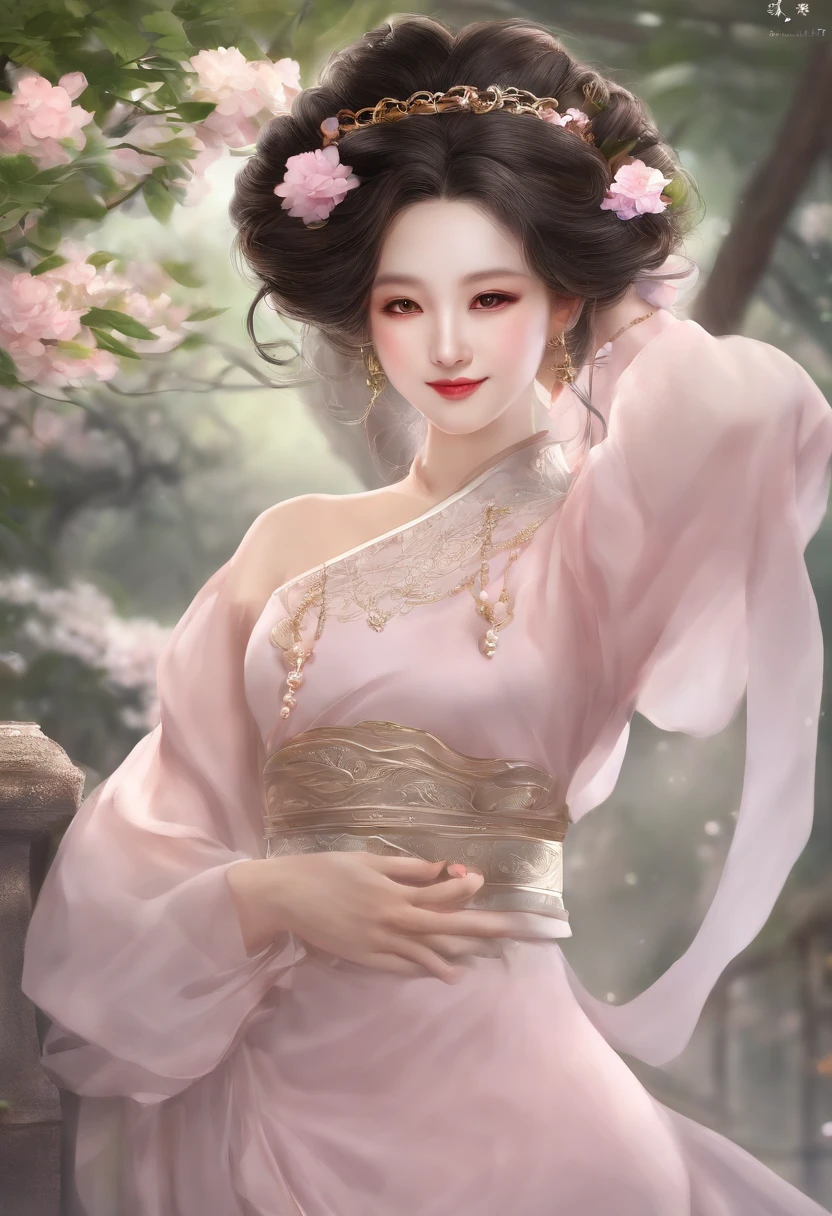 Masterpiece, Best, Night, full moon, 1 female, Mature woman, Chinese style, Ancient China, Sister, Royal Sister, Smile, Dark brown hair, Dark hair, Princess cut, Braid, Curly hair, Double ball head, Pale pink lips, calm, Intellectual, Medium hair, Green pupils, Hairpin, hydrangea, Delicate face, facial closeups, Close-up of the hand