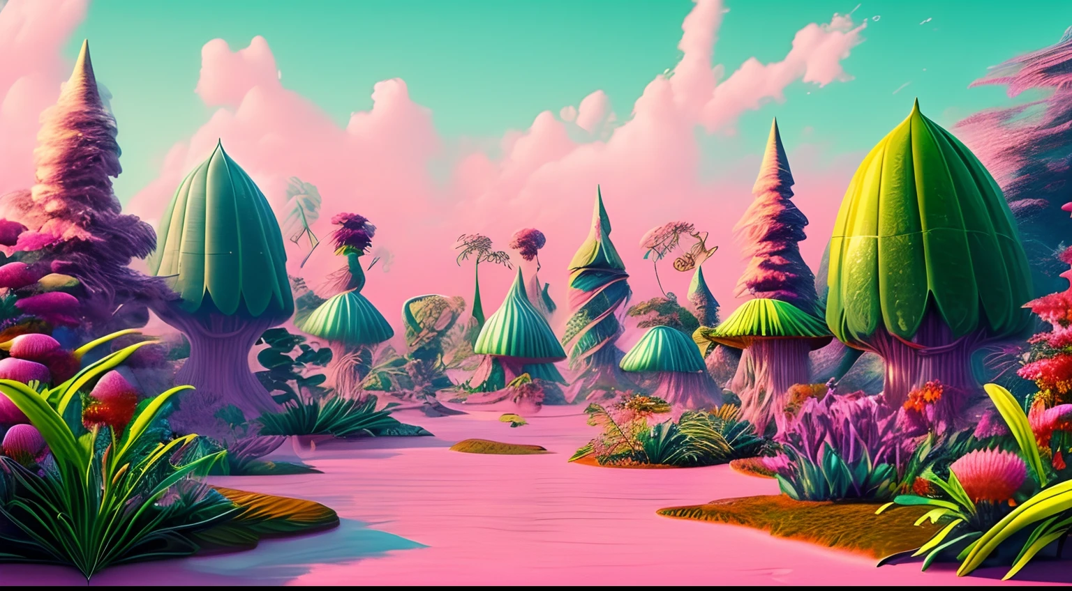 Fantasy Jungle, Wide Shot, Many elves, All pink plants