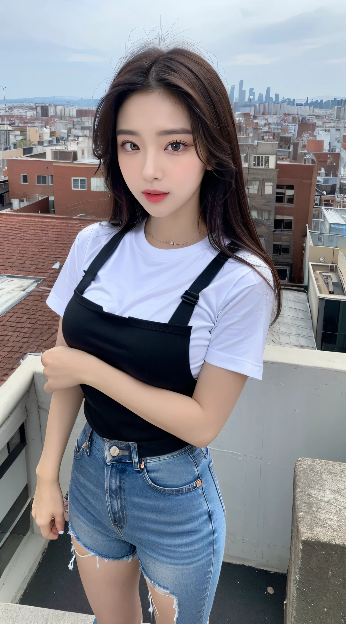 ((Midnight, Best quality, 8k, Masterpiece :1.3)), Whole body, Long legs, Sharp focus :1.2, A pretty woman with perfect figure :1.4, Slender abs :1.1, ((Dark brown hair, Big breasts :1.2)), (White tight tshirt, Jean bib, Standing:1.2), ((Night city view, Rooftop:1.3)), Highly detailed face and skin texture, Detailed eyes, Double eyelid
