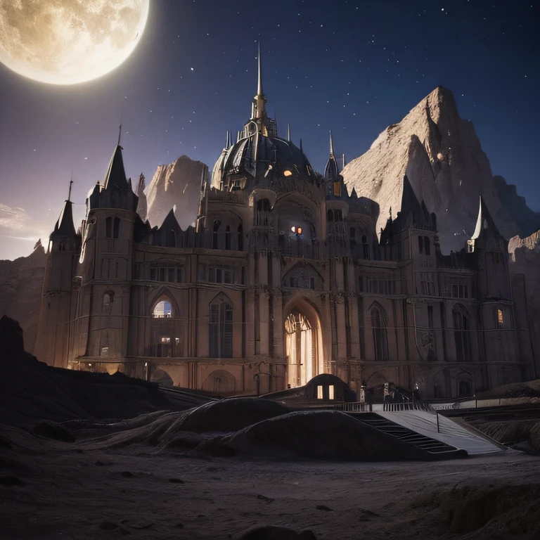 A large medieval palace against the backdrop of an alien landscape, Galaxy, outer space, comets