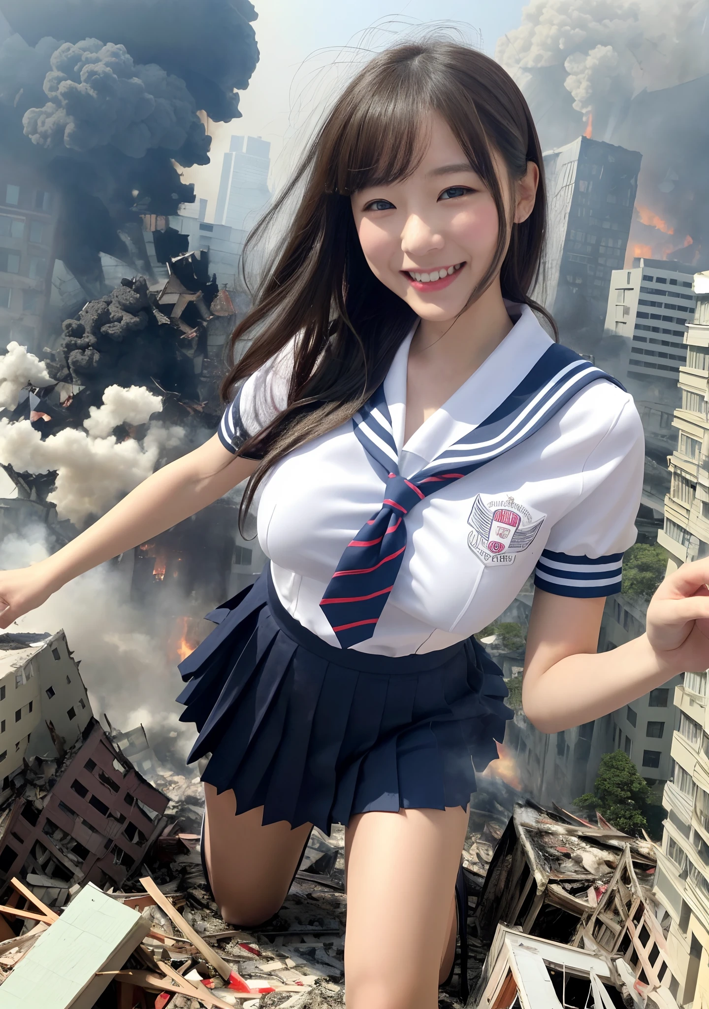 masterpiece, highly detailed, high resolution, 1girl, gtscity, tokyo, stomping on buildings, destroying buildings, collapsed buildings, destroyed city, buildings on fire, buildings exploding, smoke coming out of buildings, smiling, looking fun, small city, little people, photorealistic, cute Japan girl, medium breasts, uniform, sailor suit, dynamic angle, from the bottom
