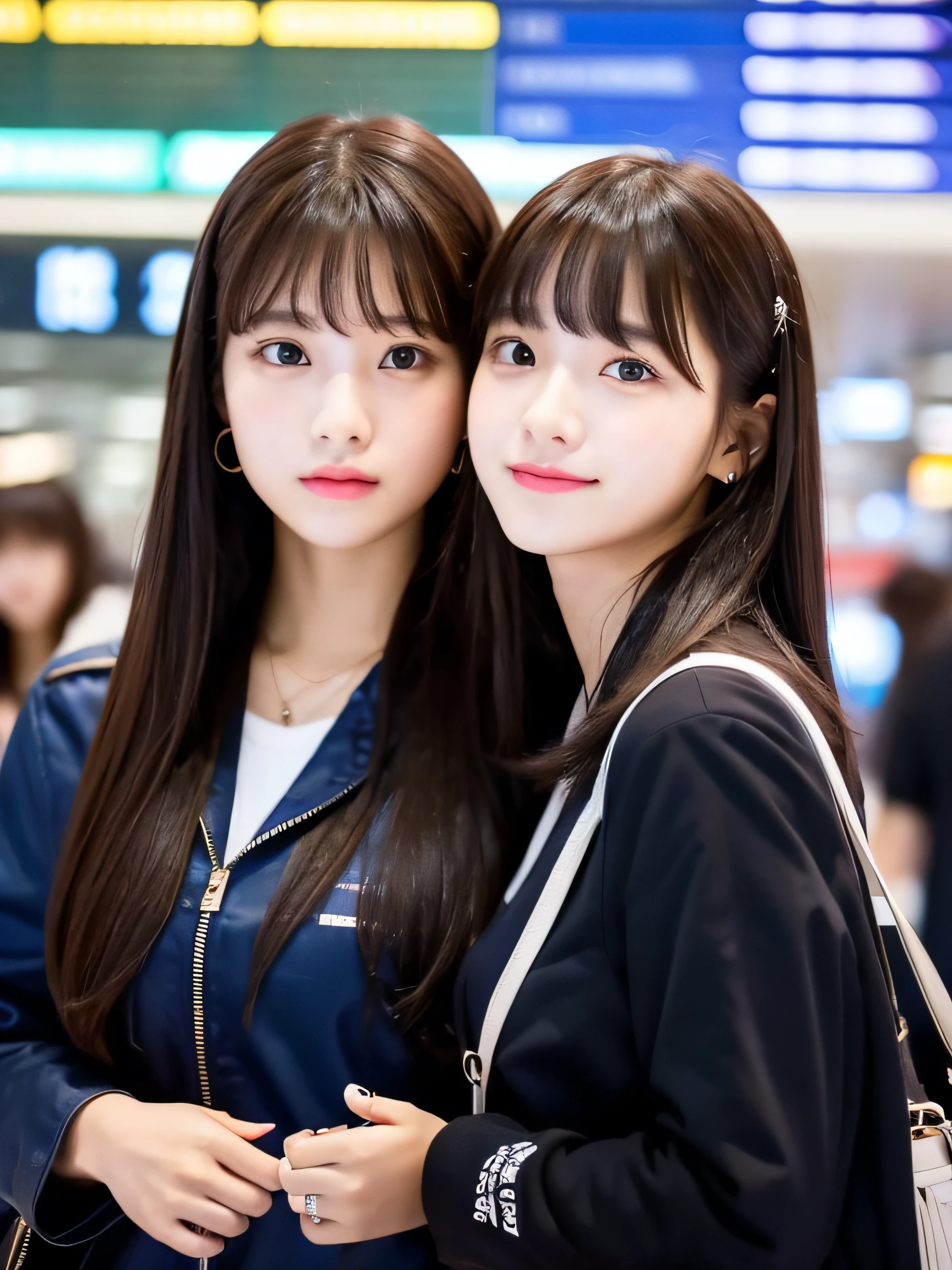 a beauty girl、Identical twin sisters、sixteen years old、bangss、Being at the airport、Shallow depth of field