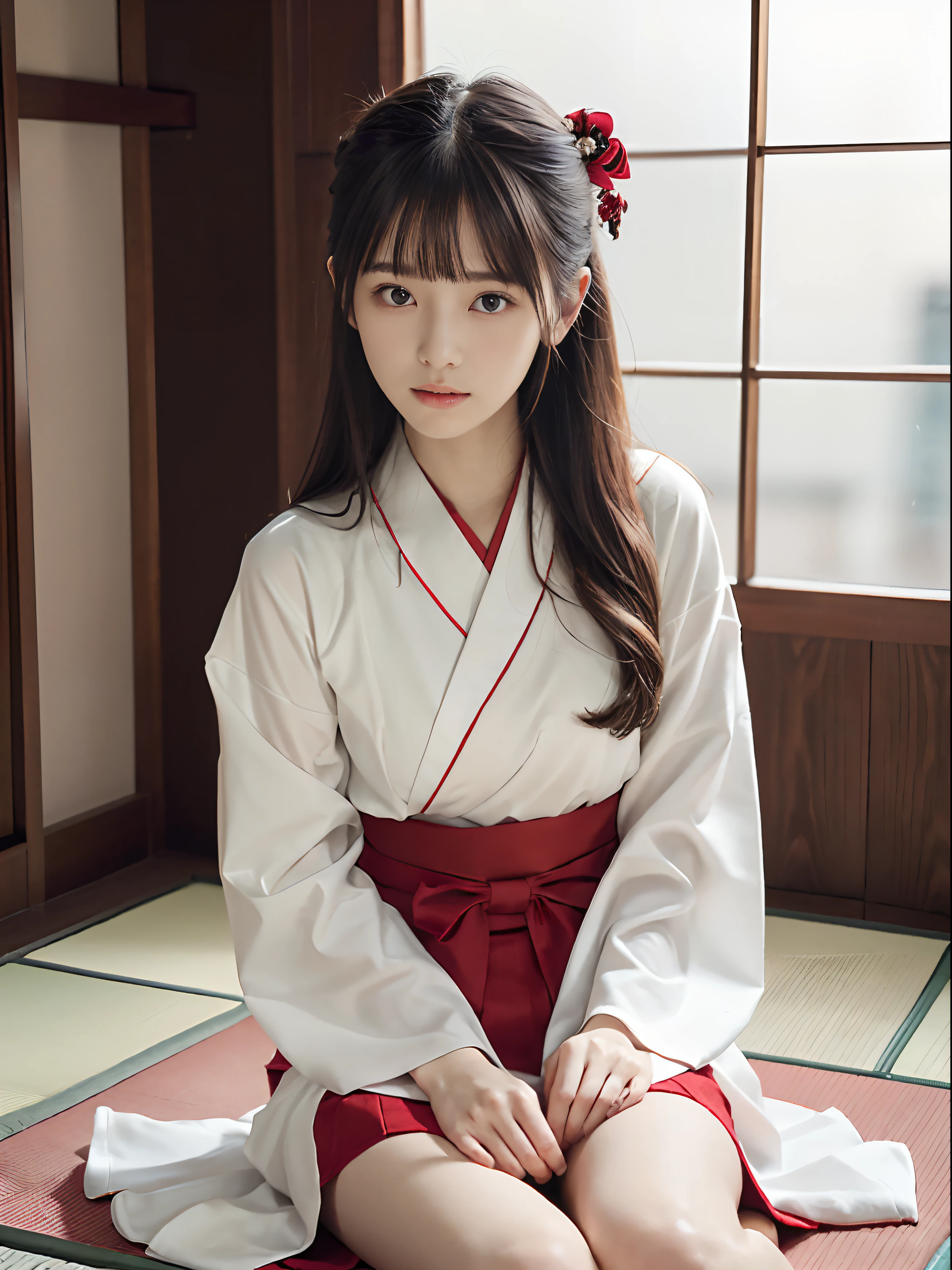 (NSFW)、(One slender very small-breasted girl is、She has long hair with dull bangs in a Japan priestess costume:1.5)、(Girl in white kimono and scarlet long skirt sits Seiza style in a Japanese-style room:1.5)、(White kimono and scarlet long skirt:1.3)、(Perfect Anatomy:1.3)、(No mask:1.3)、(complete fingers:1.3)、Photorealsitic、Raw photography、masutepiece、top-quality、High resolution、delicate and pretty、face perfect、Beautiful detailed eyes、Fair skin、Real Human Skin、pores、((thin legs))、(Dark hair)