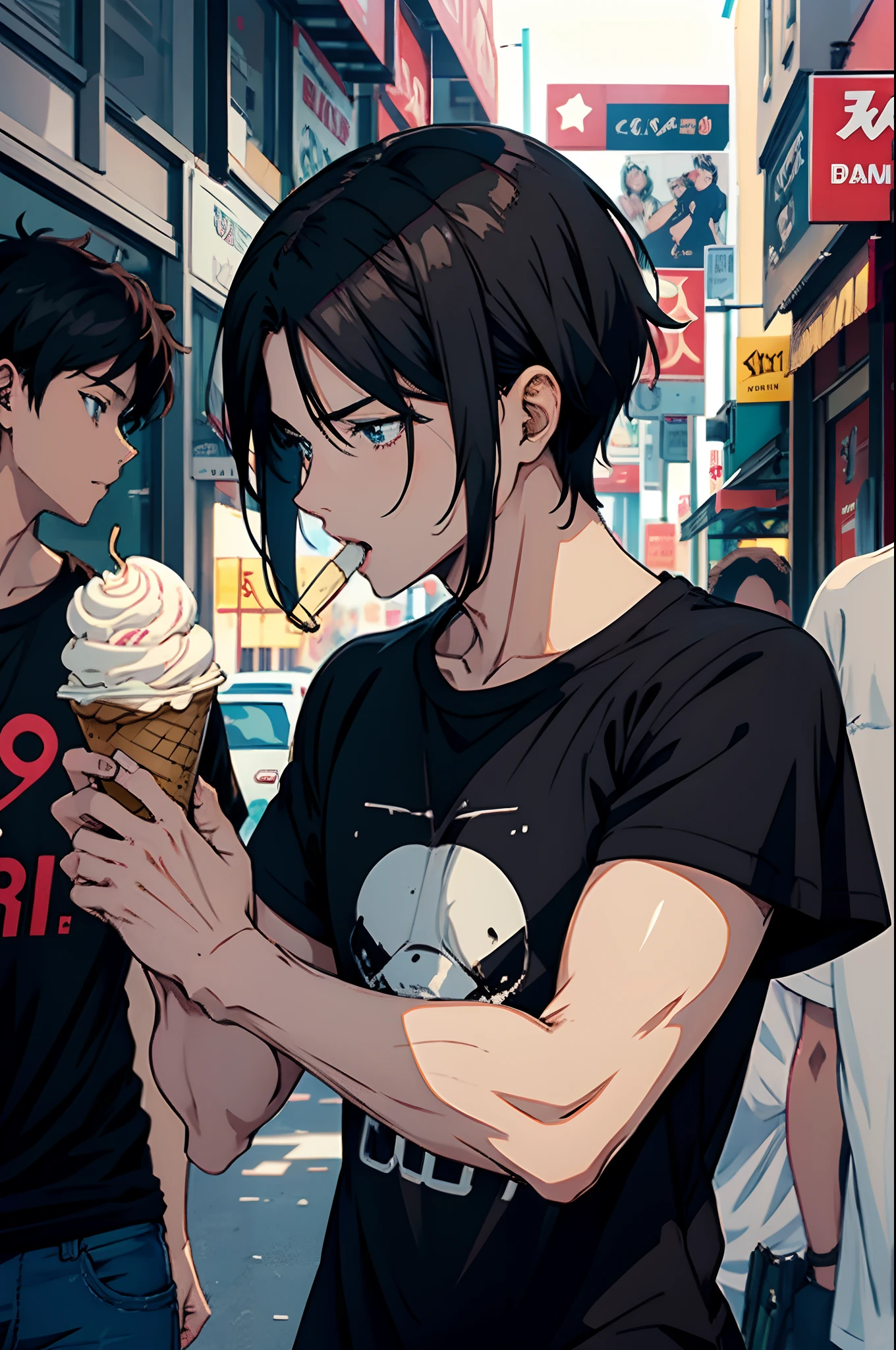 Anime sexy guy in black t-shirt, licking ice cream