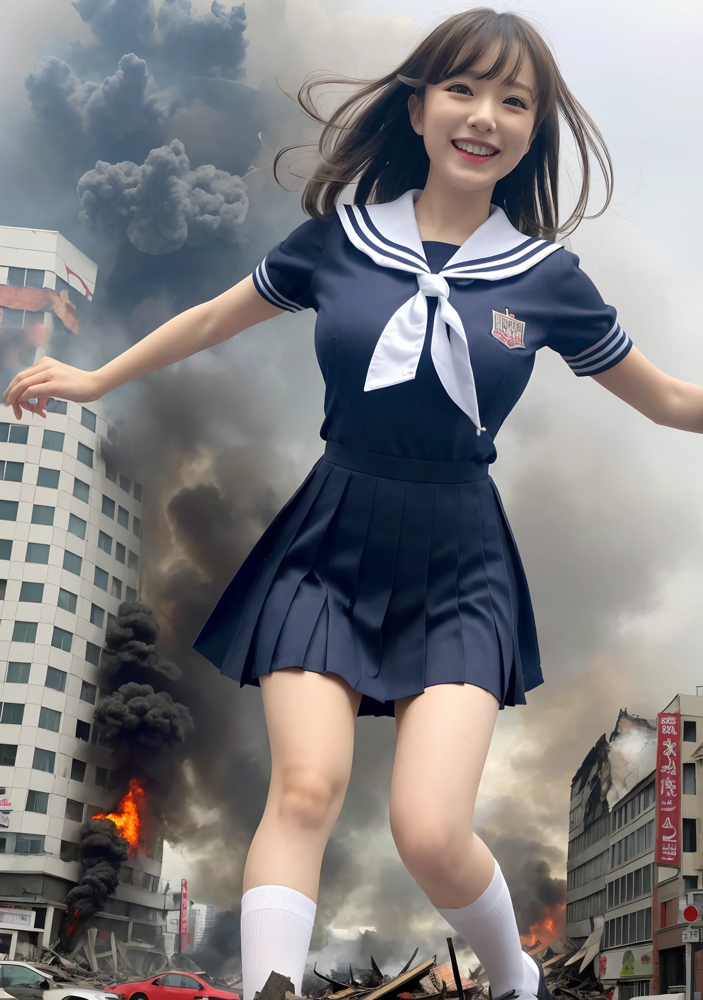 masterpiece, highly detailed, high resolution, 1girl, gtscity, tokyo, stomping on buildings, destroying buildings, collapsed buildings, destroyed city, buildings on fire, buildings exploding, smoke coming out of buildings, smiling, looking fun, small city, little people, photorealistic, cute Japan girl, medium breasts, uniform, sailor suit, dynamic angle, from the bottom