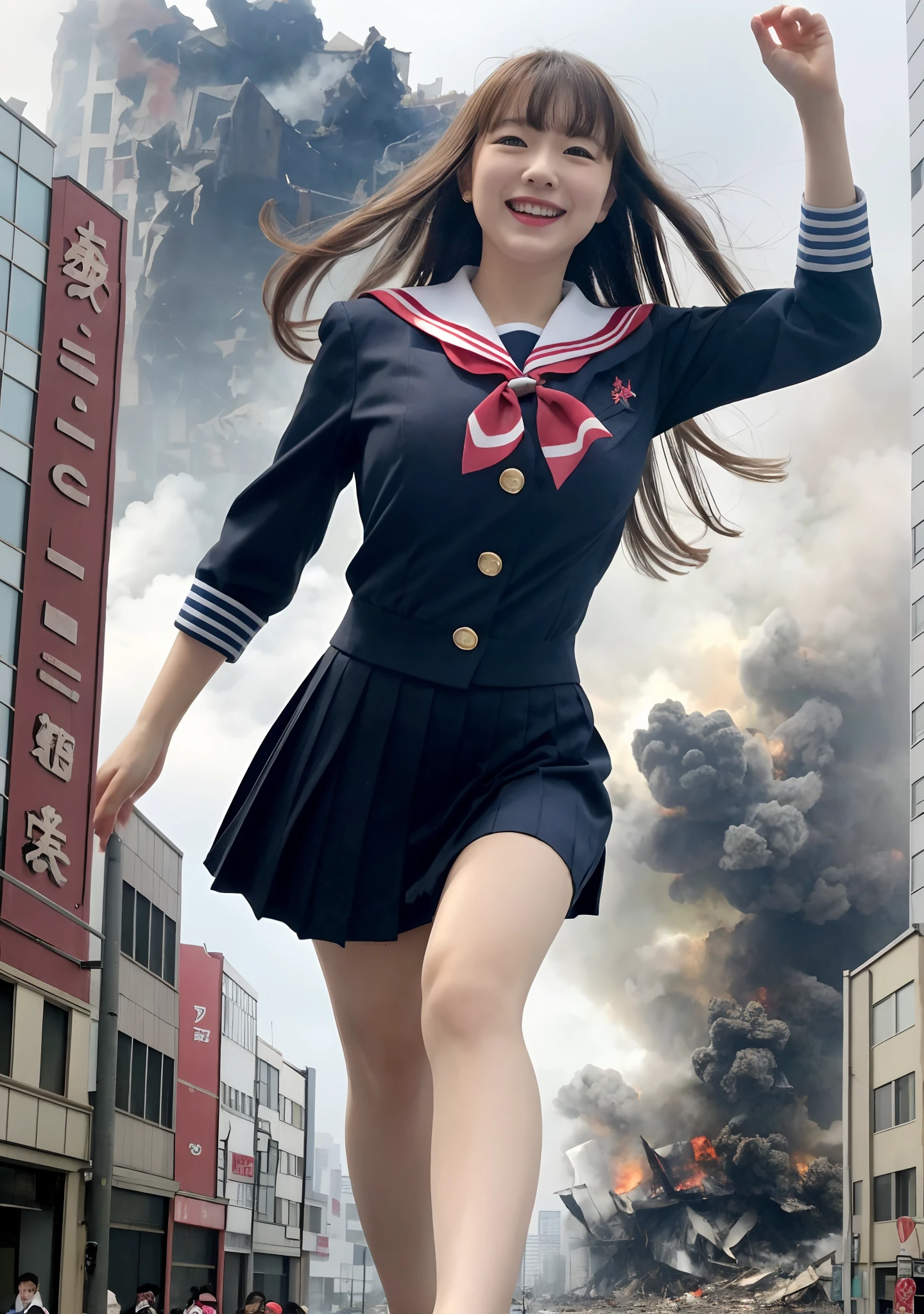 masterpiece, highly detailed, high resolution, 1girl, gtscity, tokyo, stomping on buildings, destroying buildings, collapsed buildings, destroyed city, buildings on fire, buildings exploding, smoke coming out of buildings, smiling, looking fun, small city, little people, photorealistic, cute Japan girl, medium breasts, uniform, sailor suit, dynamic angle, from the bottom