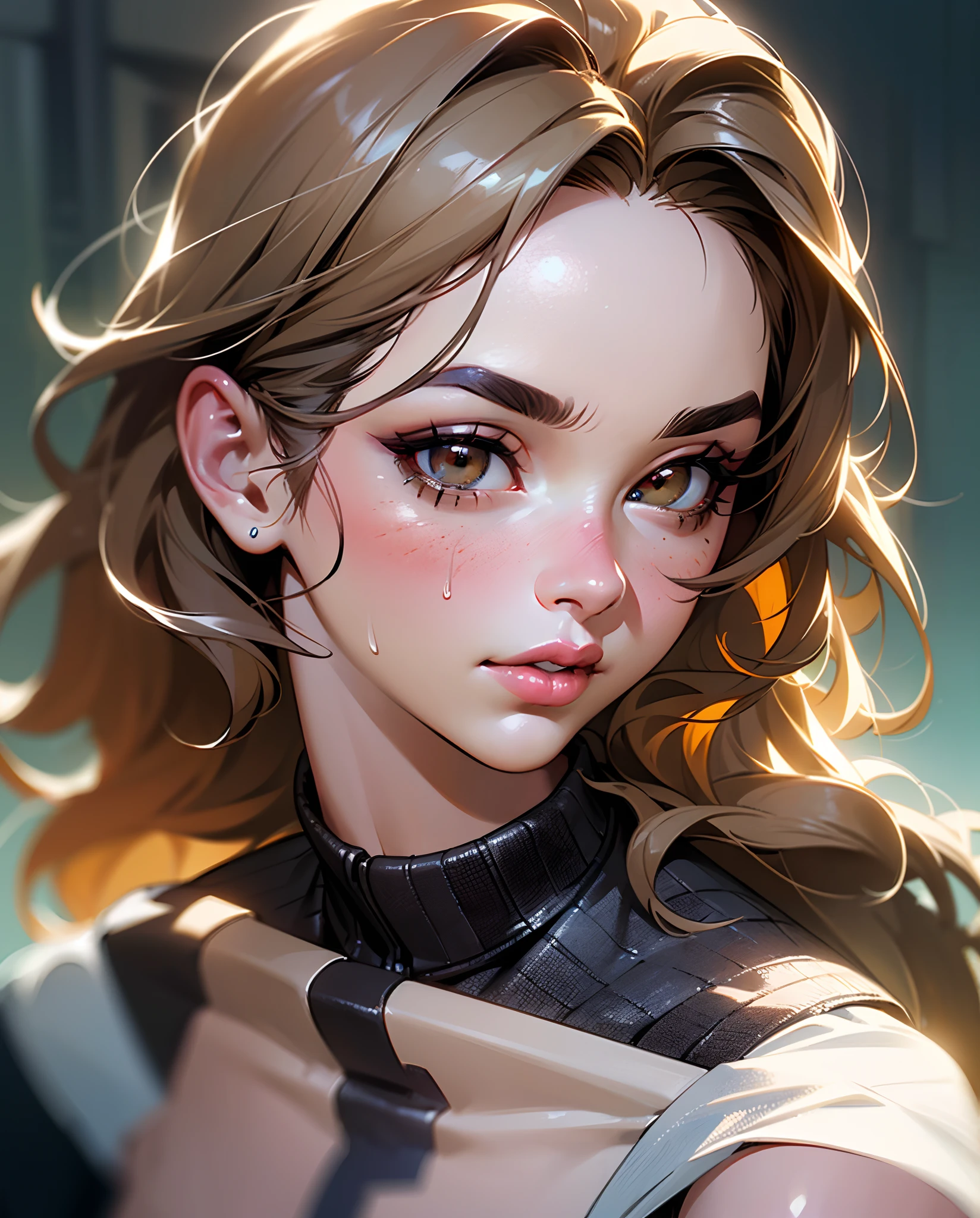 ((masterpiece)), (((best quality))), ((ultra detail)), UHD, 8K, (((high definition))), ((illustration)), ((extremely realistic)), ( reflections), sharp focus, front lighting, intense shadows, ((beautiful extremely detailed eyes)), eyelashes, (extremely delicate and beautiful punk girl), ((brown eye color)), wavy blond hair, (t-shirt style punk), long hair, ((extremely detailed eyes)), medium chest, shiny skin, damp skin, sweaty skin, cinematic lighting mask, ray tracing, depth of field, dynamic angle, looking at viewer, ((urban background)), (difficulty 1.4), ((macro, shooting, detail, face, eyes, nose, lips, eyebrows)), ((extremely detailed and realistic skin texture)), ((extremely detailed and realistic eye texture)), ((extremely detailed and realistic finger texture)), ((extremely detailed and realistic clothes)). --auto --s2