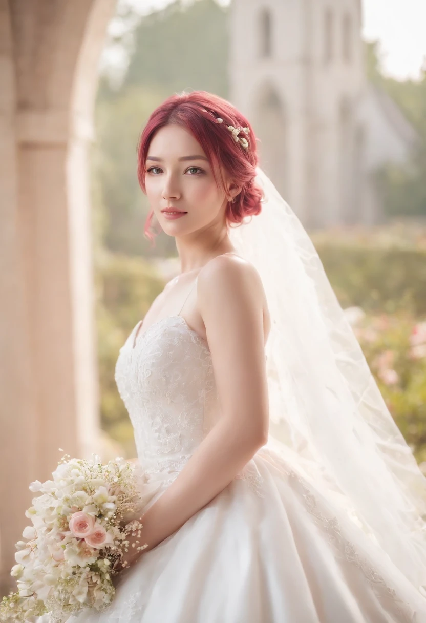 Sakura Haruno, ((Solo)), Alone, Bride, Wearing a white wedding dress, queen, cheerfulness, ((The forehead to display)), standing, Enter the church, Pink hair, Short hair, Delicate, Young, Short hair, Detailed face, High definition, ((full bodyesbian)), (Flowers around her), full bodyesbian, She is a beautiful woman to marry, face with high quality, Beautiful, Radiant
