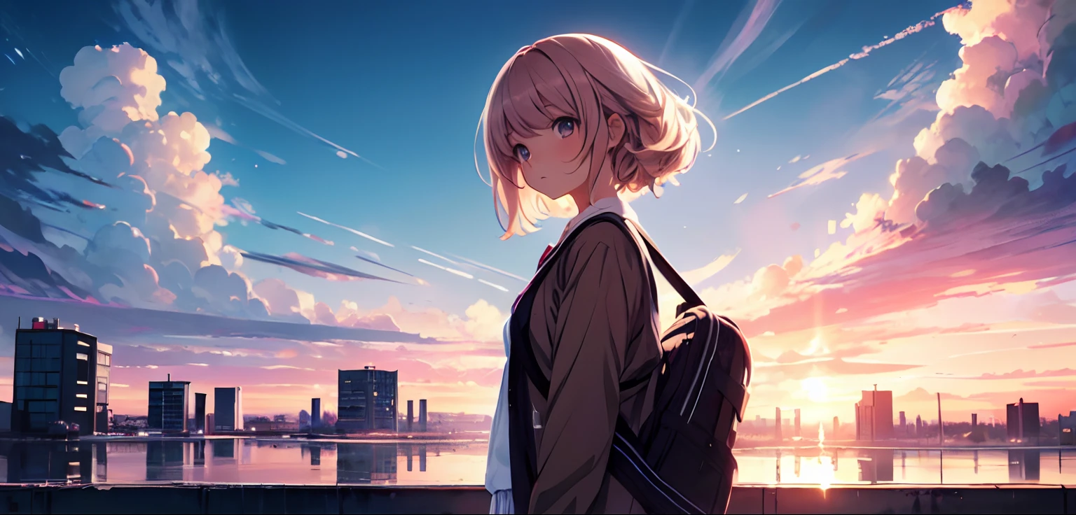 Bloom light, 1girl, Wearing school clothes, looking at viewer, Masterpiece, (anime style), glowing, vast sky, normal hair, hyper-realistic,