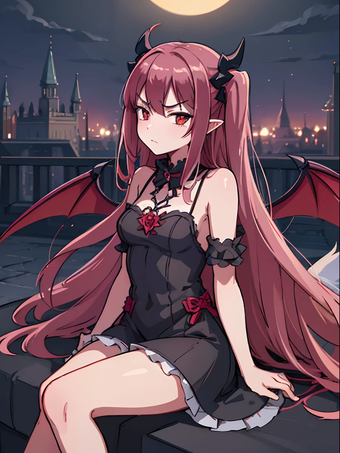 hiquality, tmasterpiece (Bottom Girl Demon). demonic horns. rose hair. red-eyes. Clothes Dark Gothic Outfit. Sullen face. leaning on his arm. sits cross-legged. Against the backdrop of a night street of the Middle Ages. Ancient houses
