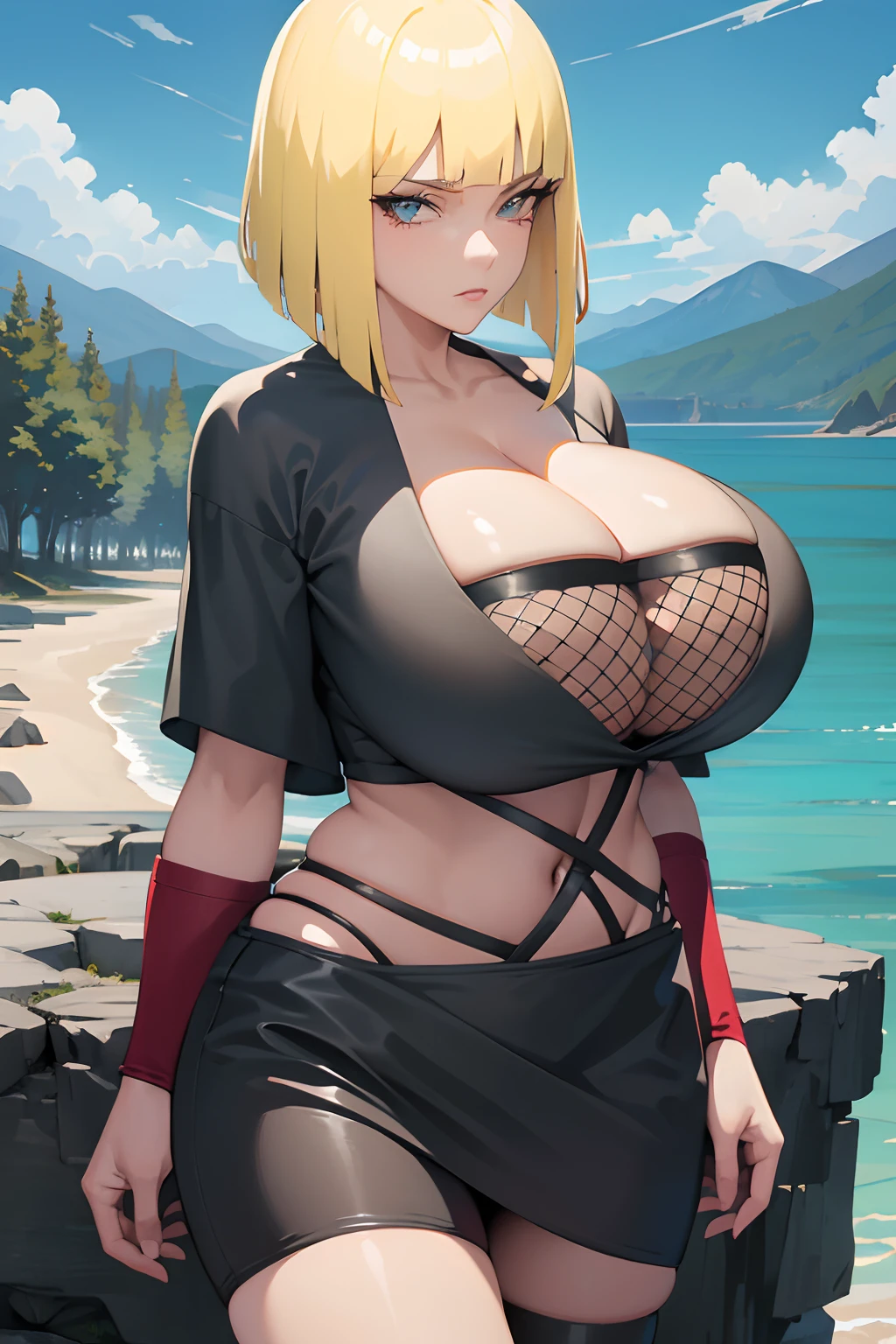 (huge tits), busty, masterpiece, best quality, samui, black kimono, cleavage, vambraces, cowboy shot, looking at viewer, emotionless, mountains, clouds, rock formations