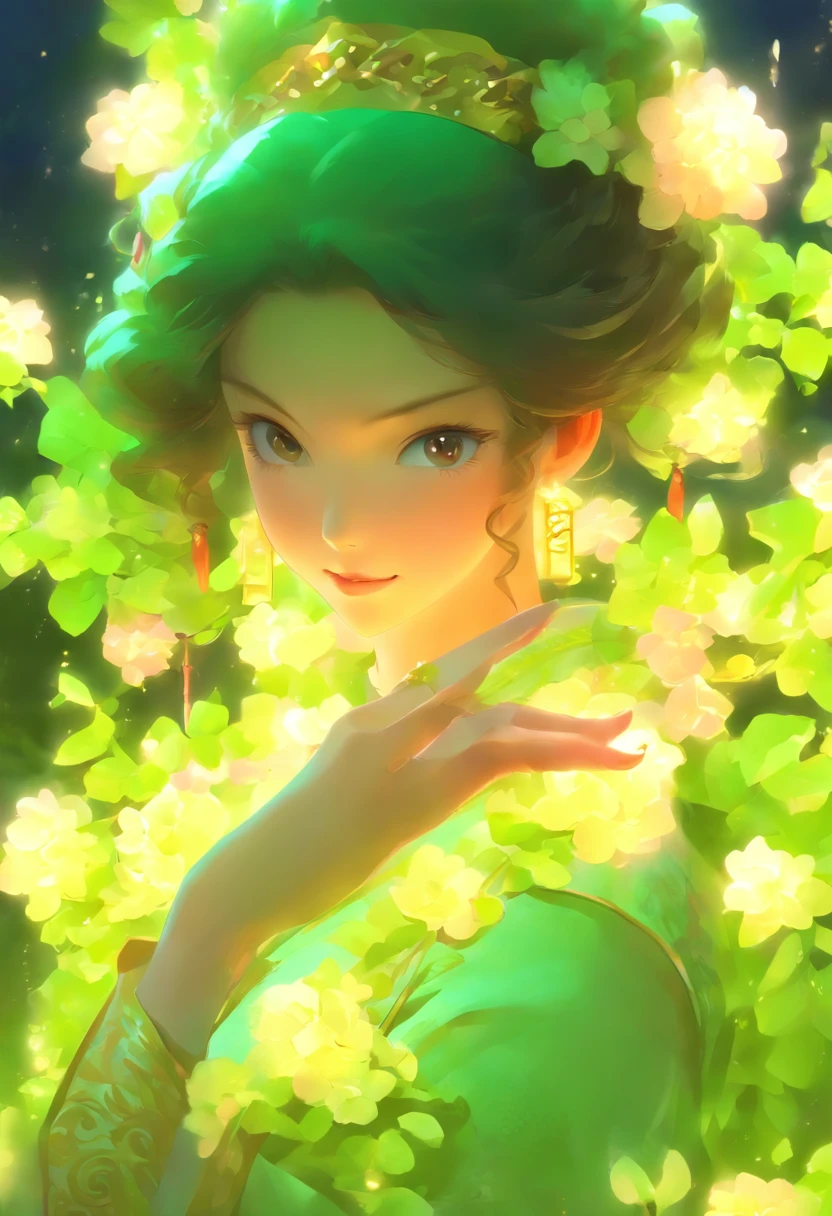 Masterpiece, Best, Night, full moon, 1 female, Mature woman, Chinese style, Ancient China, sister, Royal Sister, Smile, Dark brown hair, Dark hair, Princess cut, Braid, Curly hair, Double ball head, Pale pink lips, calm, Intellectual, Medium hair, Green pupils, Hairpin, hydrangea, Delicate face, facial closeups, Close-up of the hand
