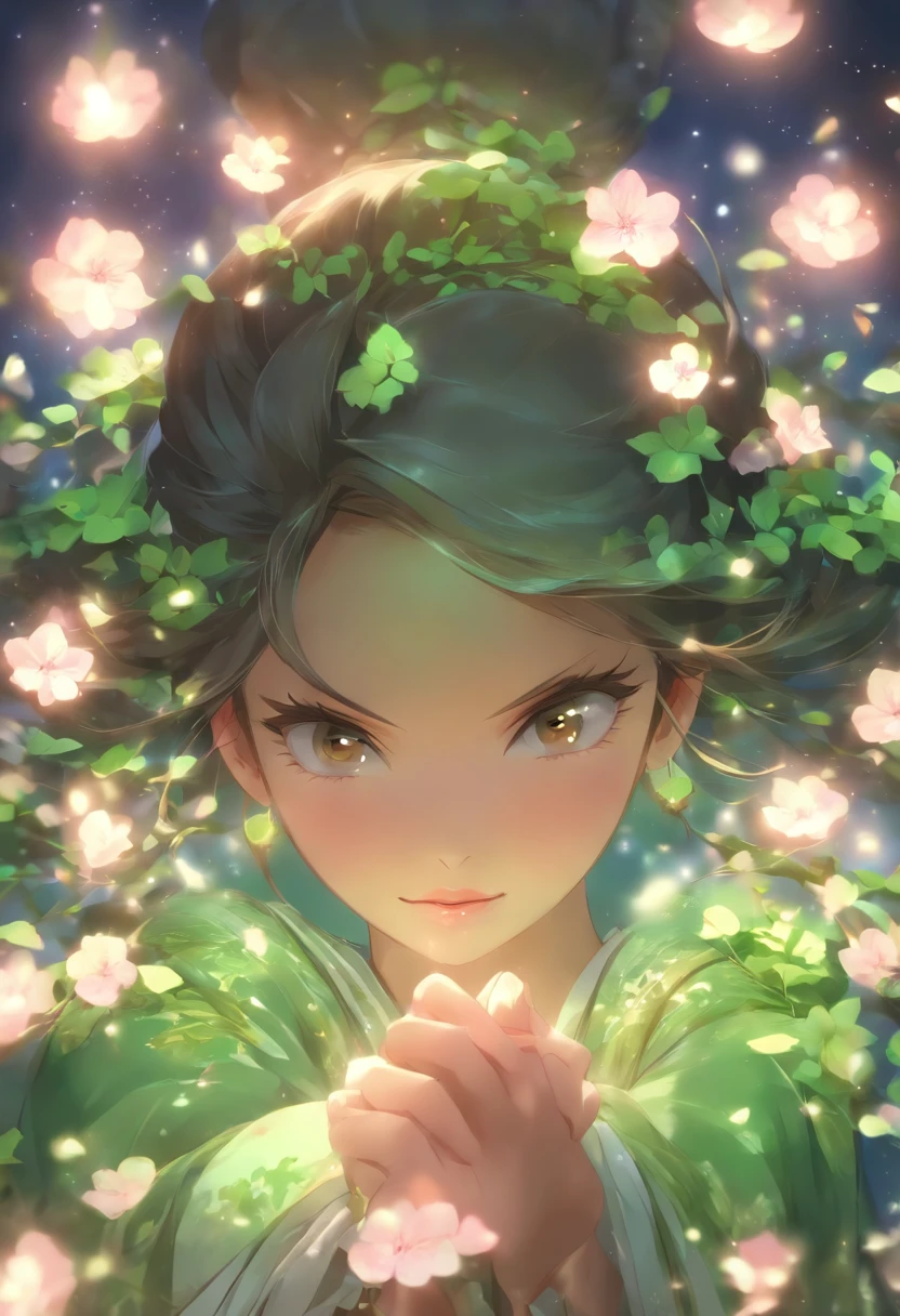 Masterpiece, Best, Night, full moon, 1 female, Mature woman, Chinese style, Ancient China, sister, Royal Sister, Smile, Dark brown hair, Dark hair, Princess cut, Braid, Curly hair, Double ball head, Pale pink lips, calm, Intellectual, Medium hair, Green pupils, Hairpin, hydrangea, Delicate face, facial closeups, Close-up of the hand
