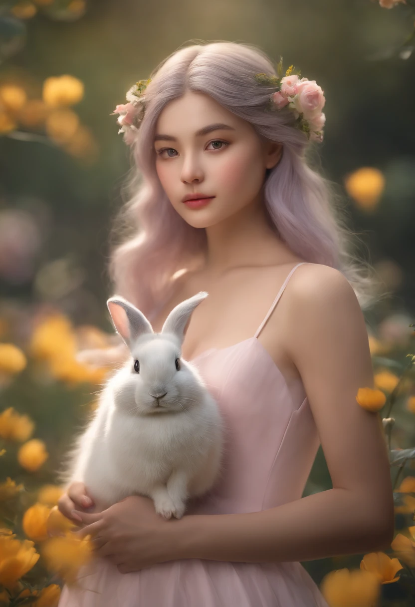 detail, Realism, 4K, 15-year-old girl, detail in face, Big yellow eyes, Plump lips, Upturned nose, Gray hair with pink hair, wears a white dress, A rabbit in his hand, Flowers in the background, White butterfly in the foreground, Realistic shooting, Depth of field, Soft front light, Glow, hdr (pastel colour: 1.2), Canon RF 100mm F2.8L 宏 IS USM