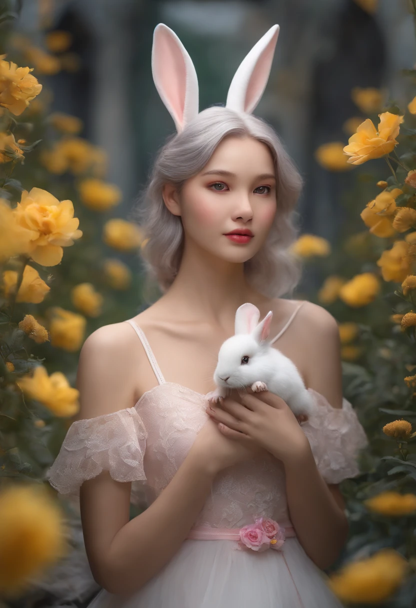 detail, Realism, 4K, -yeld gi detail in face, Big yellow eyes, Plump lips, Upturned nose, Gray hair with pink hair, wears a white dress, A rabbit in his hand, Flowers in the background, White butterfly in the foreground, Realistic shooting, Depth of field, Soft front light, Glow, hdr (pastel colour: 1.2), Canon RF 100mm F2.8L 宏 IS USM