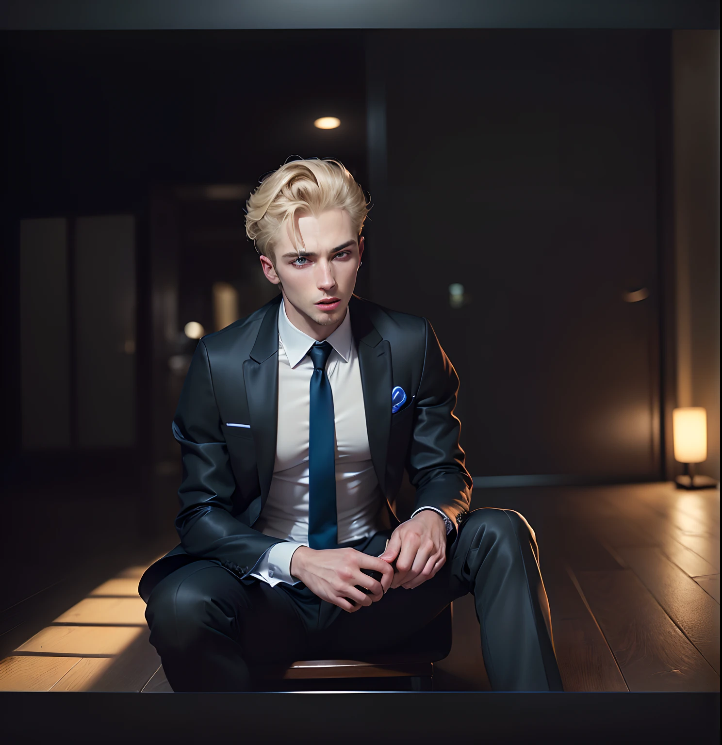 (masuter piece,Best Quality,Ultra-detailed), (A detailed face), 1boy, A young man who left his boyhood behind,(front-facing view),(Photorealsitic:1.2),(side lights,Beautiful Eyes of Details:1.2),Blonde colored hair,Face focus,Black suit,Black jacket,Black necktie,Vampires,Confident,10 Billion Man,blue eyess,Mafioso,Secret associations