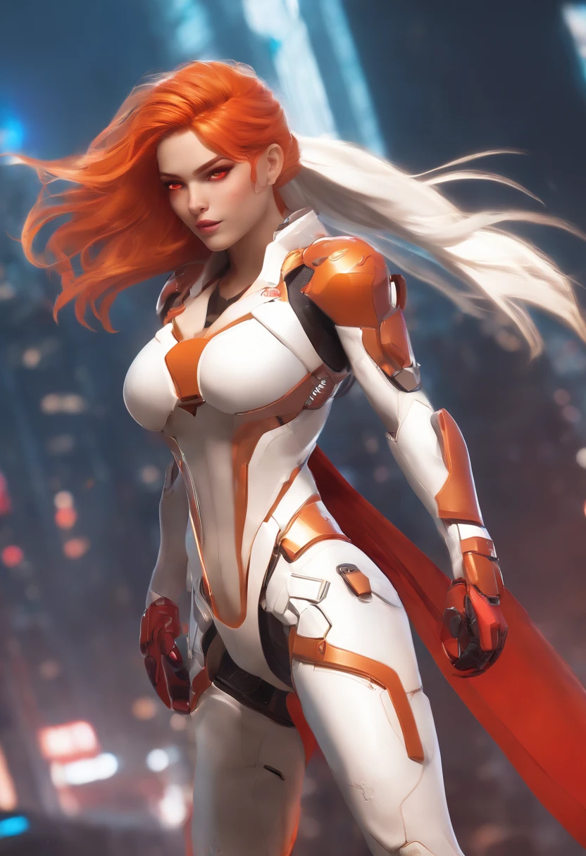 (sfv), Intricate details, 1girll, Night, (Bright neon colors), ((Fly over futuristic cyberpunk cities)), Detailed background, (Little cyborg girl, ((Cute perfect face, Bright red eyes)), (Perfect anatomy, Petite and lively breasts), (Outrageously long gradient orange and white hair, hair blowing in wind)), Tights cannot detail the ribs, Shoulder armor, cybernetic limb, Dynamic Angle,