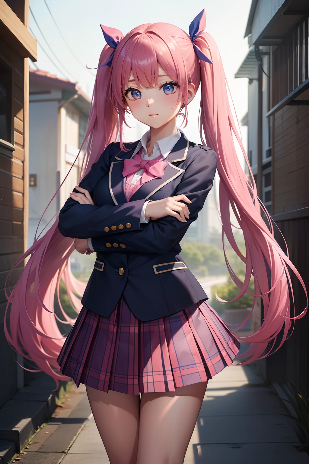 High school girl with beautiful eyes、High School Uniform、Dark blue blazer、Pink skirt、Pink ribbon、Heart-shaped choker、long hair with pink twin tails,,,,、Schools、独奏、gazing at viewer、school ground、lawn、rainbows、optic、。.。.。.。.。.3D、hight resolution、top-quality、full body Esbian、8K Character Concept、32K、pixiv、illustratio、 ultra-detailliert、hyperdetailed face、Megapixel、 Ultra High Definition HDR、Clair、Overdecoration、● S180 - Rainbow 5