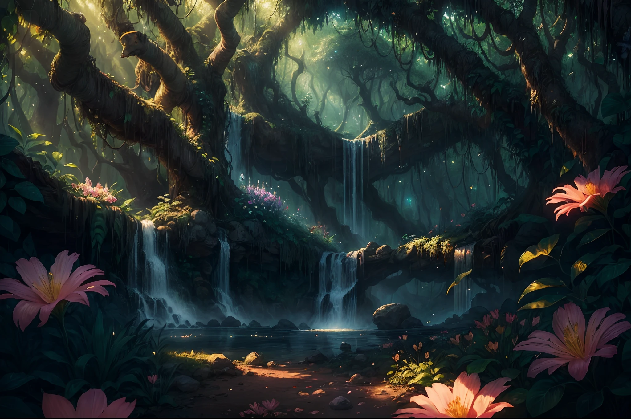 (a fantasy jungle: 1.45), illustration, lush green foliage, (very large and colorful flowers: 1.32), (fireflies: 1.24), a waterfall, mysterious animals, majestic trees, magical atmosphere, best quality, high resolution, ultra-detailed, realistic: 1.37, vivid colors, artistic concept Warm and vibrant color palette, soft sunlight filtering through the trees, a fantasy scene, ultra-detailed, best quality, a work of art