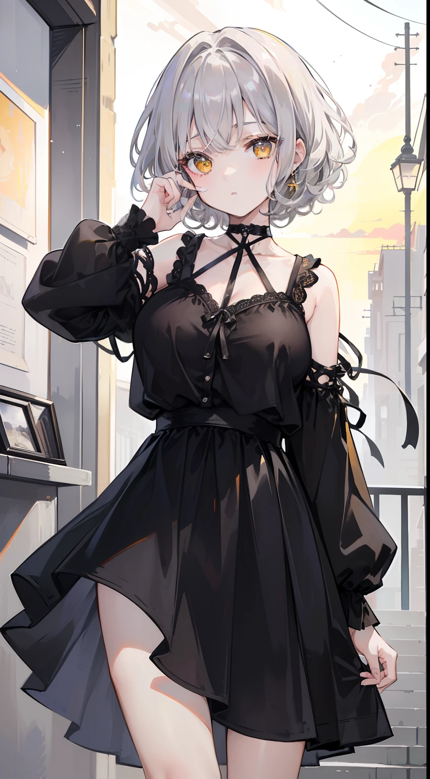 (top-quality、masterpiece、high-level image quality、Super delicate)、((a beauty girl))、(Smooth dull silver hair)、(curly short hair、Long bangs)、Yellow eyes like a brilliant sunset、Black Choker、Black shirt、Idle Streamer、Moderately large breasts、(dark circles under the eyes)、glamor