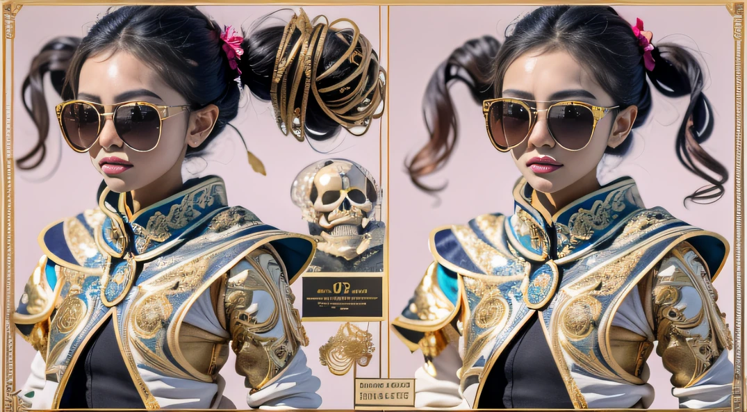 ponds，32K（tmasterpiece，k hd，hyper HD，32K）Burgundy double ponytail，flower stick，Indigo Tiger King ，Hold the heavy wooden steering wheel （The skeleton is realistic：1.4），Python pattern robe，Rusty skull ornaments，Sargin linen cloak，Petals flutter，Deep gold sunglasses，Hold your head high，Be proud，The nostrils look at people，A primary and secondary school student， A high resolution，Xueba， the detail， RAW photogr， Sharp Re， Nikon D850 Film Stock Photo by Jefferies Lee 4 Kodak Portra 400 Camera F1.6 shots, Rich colors, ultra-realistic vivid textures, Dramatic lighting, Unreal Engine Art Station Trend, cinestir 800，Hold your head high，Lateral face，Be proud，The nostrils look at people，Tsundere，Petals flutter，Petals flutter，Sprinkle with gold dust，Fluttering，Impeccable，( reasonable design, Clear lines, High sharpness,Best quality, Very detailed skeleton, The tiger stripe of a masterpiece, offcial art, movie light effect, 8K tiger stripe（（（Platinum marble sunglasses）））Deep gold sunglasses，side portrait