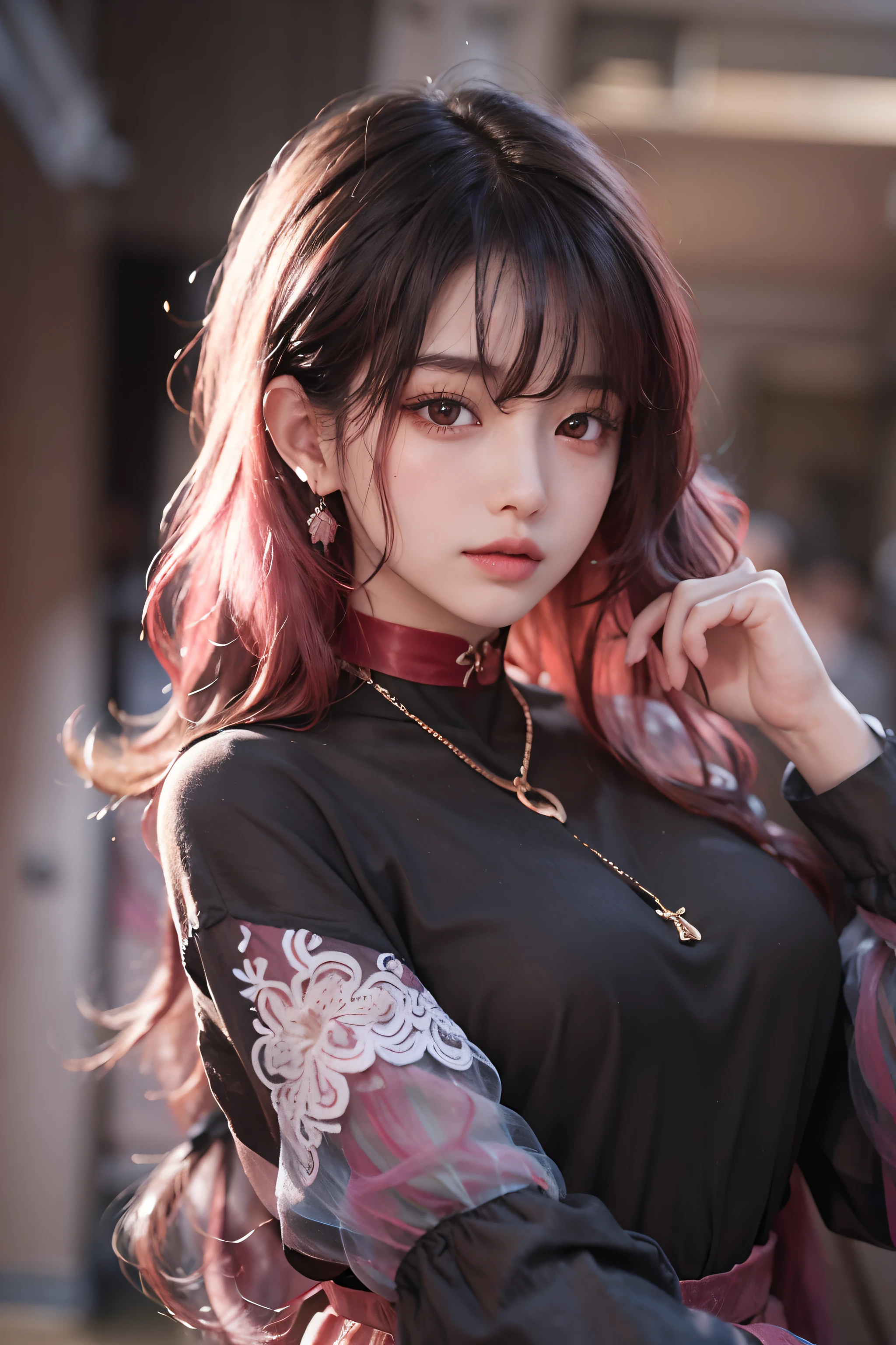 1girl in、in her 20s、((bobhair))、(((black hair, red dip-dye hair)))、((bangss))、(Photoreal Stick:1.2)、in 8K、(High quality shadows)、(A charming expression)、Detail Beautiful delicate face、Detail Beautiful delicate eyes、Cute K-pop Idol、(Korean Urzan Face)、(ulzzang -6500-v1.1:0.6)、pureerosface_v1、(looking at view)、gloweyes、perfectbody、((strong lights))、(a choker)、((Brown eyes))、((Beautiful Finger))、 Shiny hair、Description beautiful delicate hair、(Lustrous skin)、((Black see-through dress))、hallway、 (early evening)、Background blur、电影灯光、