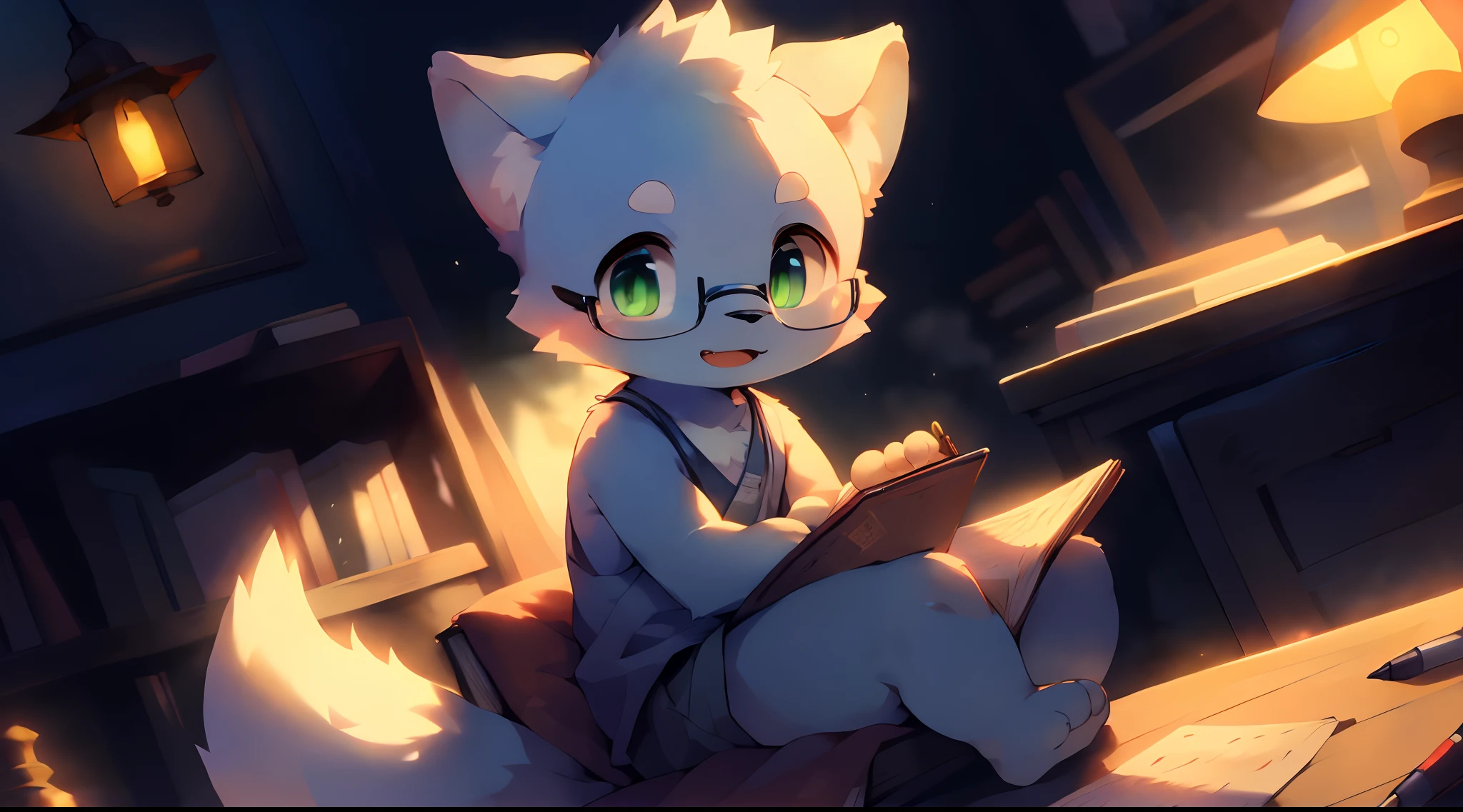 masterpiece, best quality, highly detailed, sfw, 1boy, (sitting at desk, studying:1.5), (upper body:1.5), (kemono), (shota, ddler:1.25), (cub:1.25), (solo:2.0), cute, kawaii, (wolf:1.2), light blue fur, light blue face, (bald:0.25), detailed green eyes, (thick eyebrows), light blue body, light blue arms, light blue hands, light blue tail, (4 fingers:0.25), (chest tuft:0.1), detailed, (black glasses), (white tank top), detailed background, (bedroom, book, desk, paper, pen, lamp), Acoustic Guitar, warm, cozy, focus, Chill, Playful, Relaxed, Cozy, Lazy, Affectionate, Curious, Comforting, Cute,