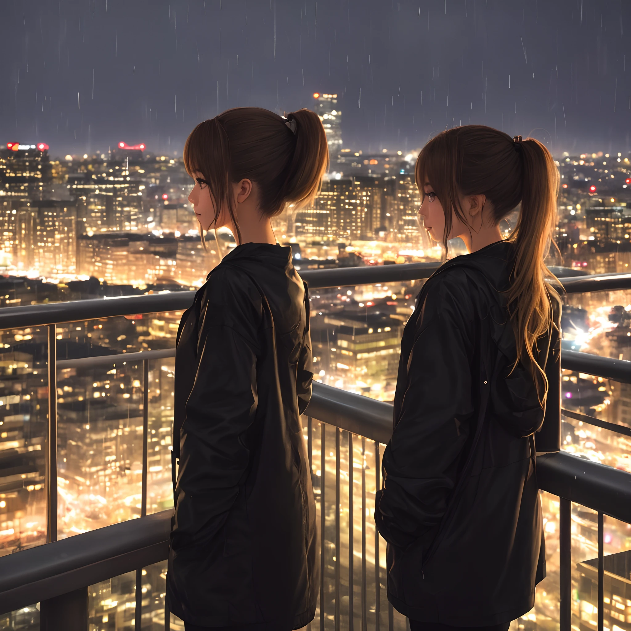 Black ponytail hair, girl, golden eyes, city background, night time, rainy