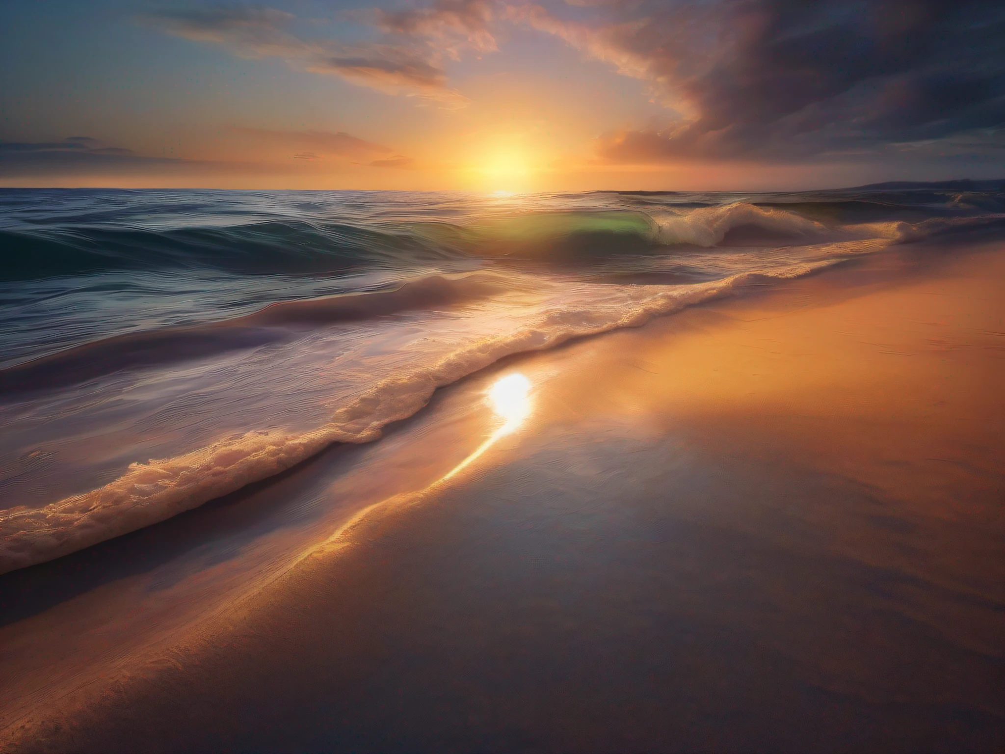 realista, entardecer, mar, ondas, praia, fotografia, 4k, v2